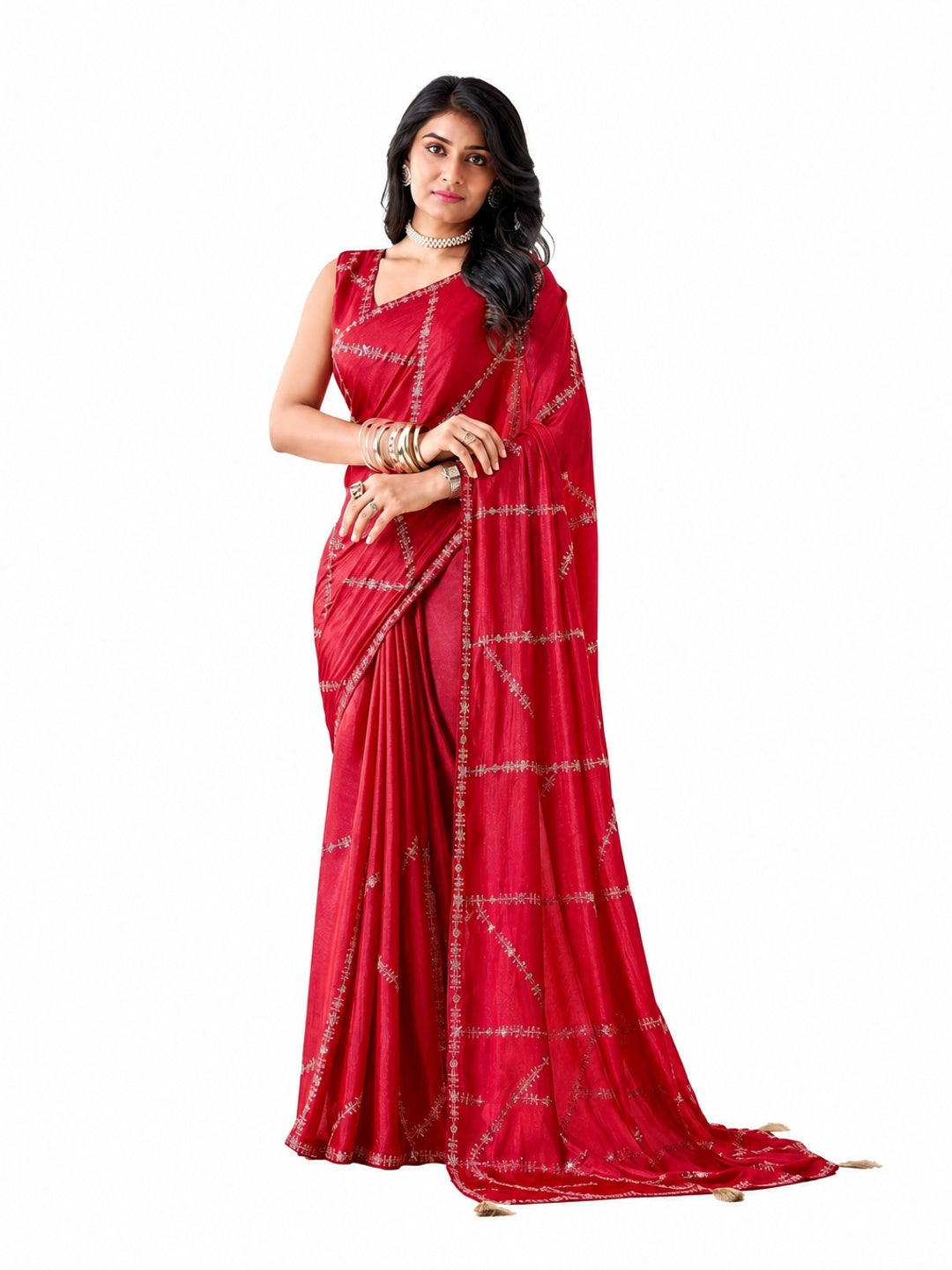 Peachmode Red Pratima Embroidered Saree - Image 6