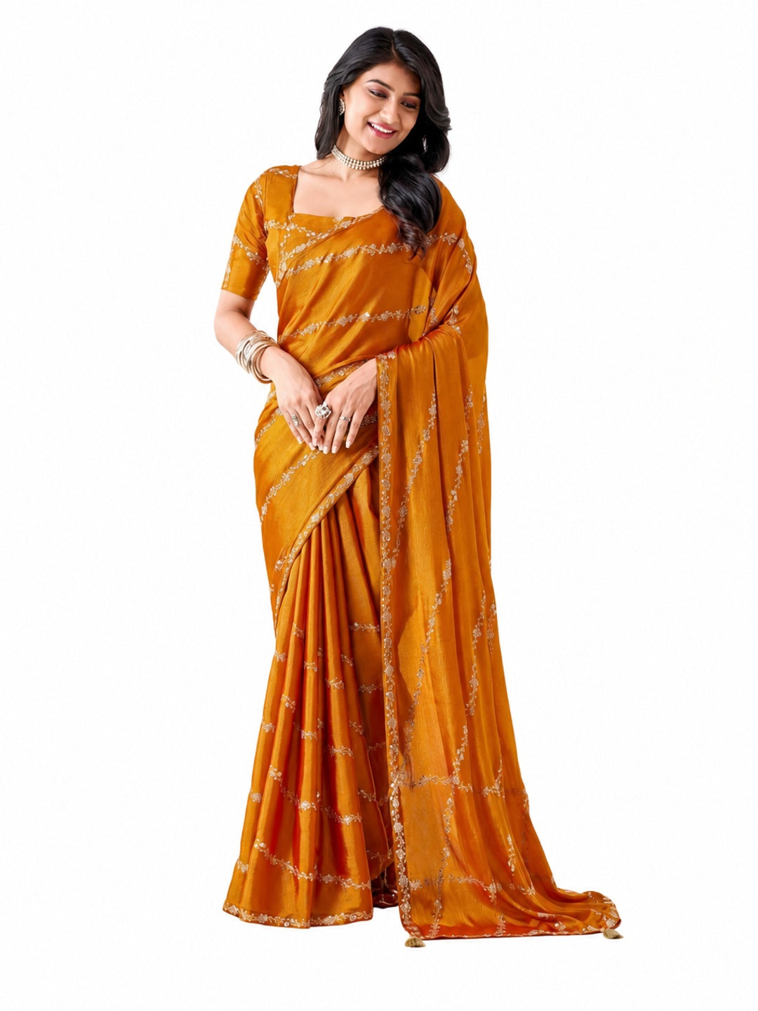 Peachmode Yellow Pratima Embroidered Saree - Image 6