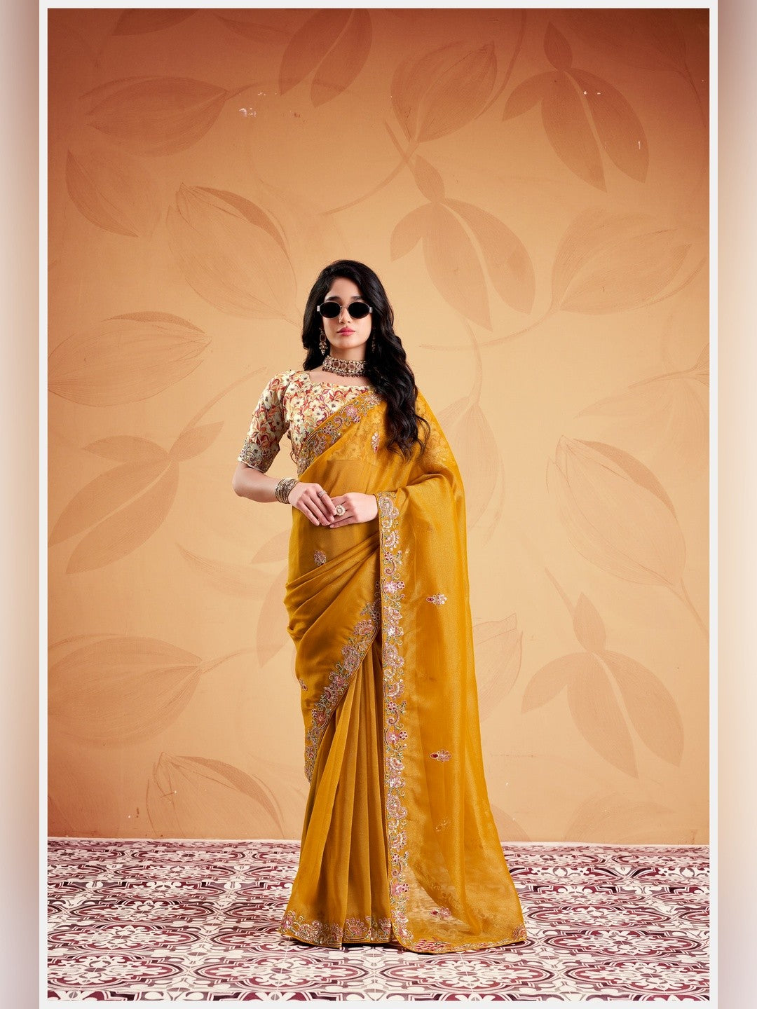 Peachmode Yellow Celestial 2 Embroidered Saree - Image 1