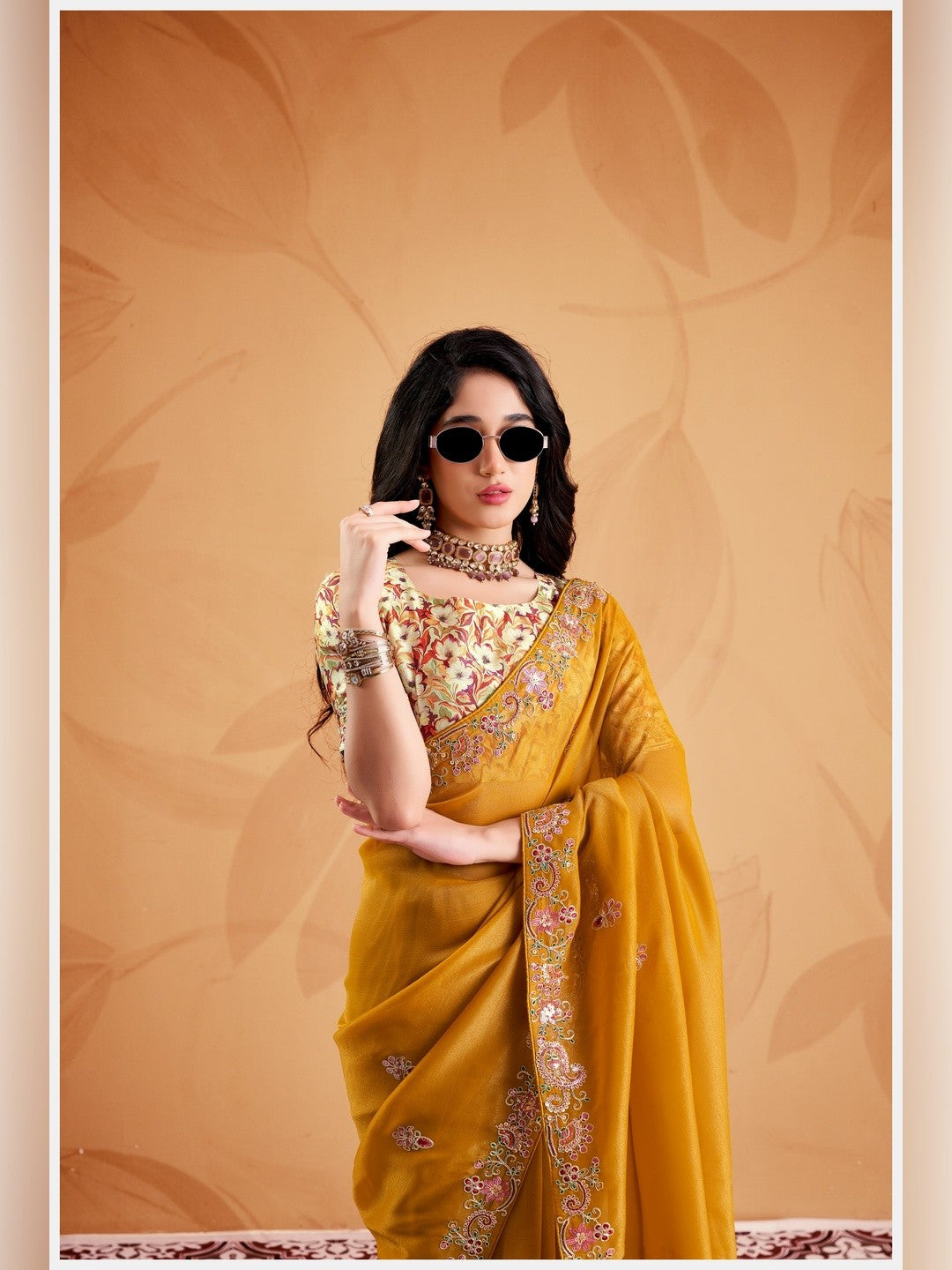 Peachmode Yellow Celestial 2 Embroidered Saree - Image 4