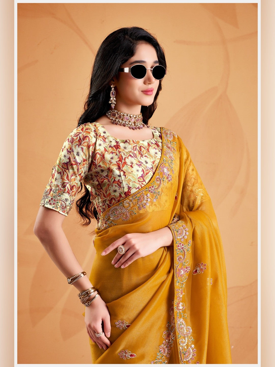 Peachmode Yellow Celestial 2 Embroidered Saree - Image 5