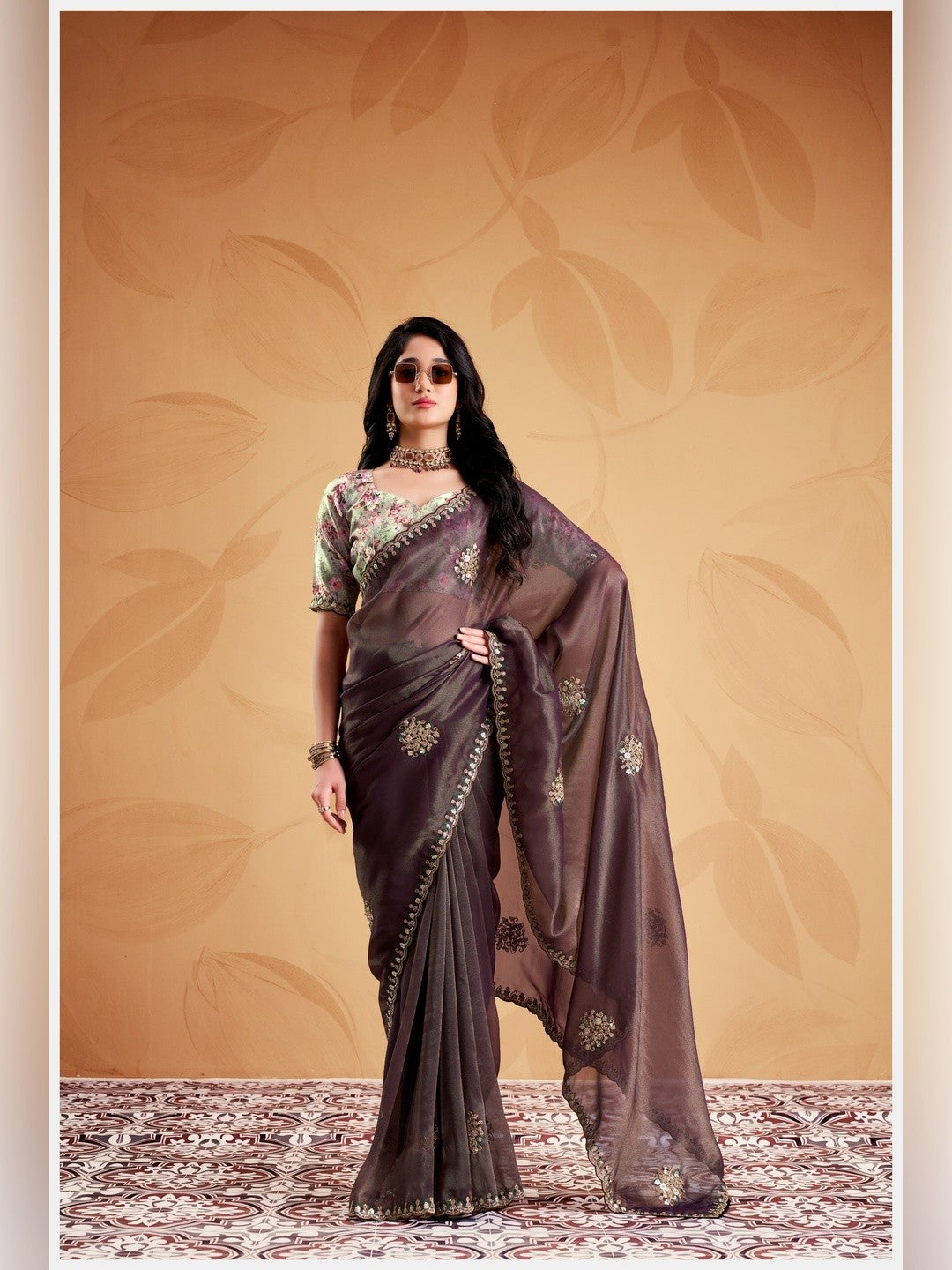 Peachmode Brown Celestial 2 Embroidered Saree - Image 1