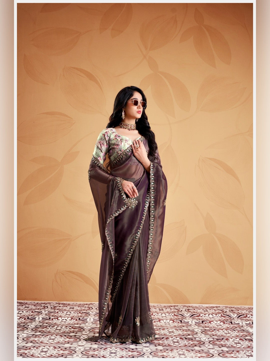 Peachmode Brown Celestial 2 Embroidered Saree - Image 3