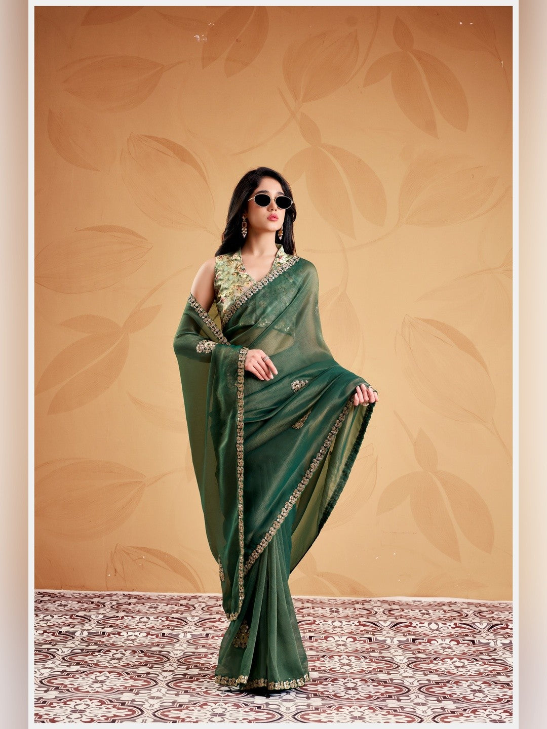 Peachmode Green Celestial 2 Embroidered Saree - Image 1