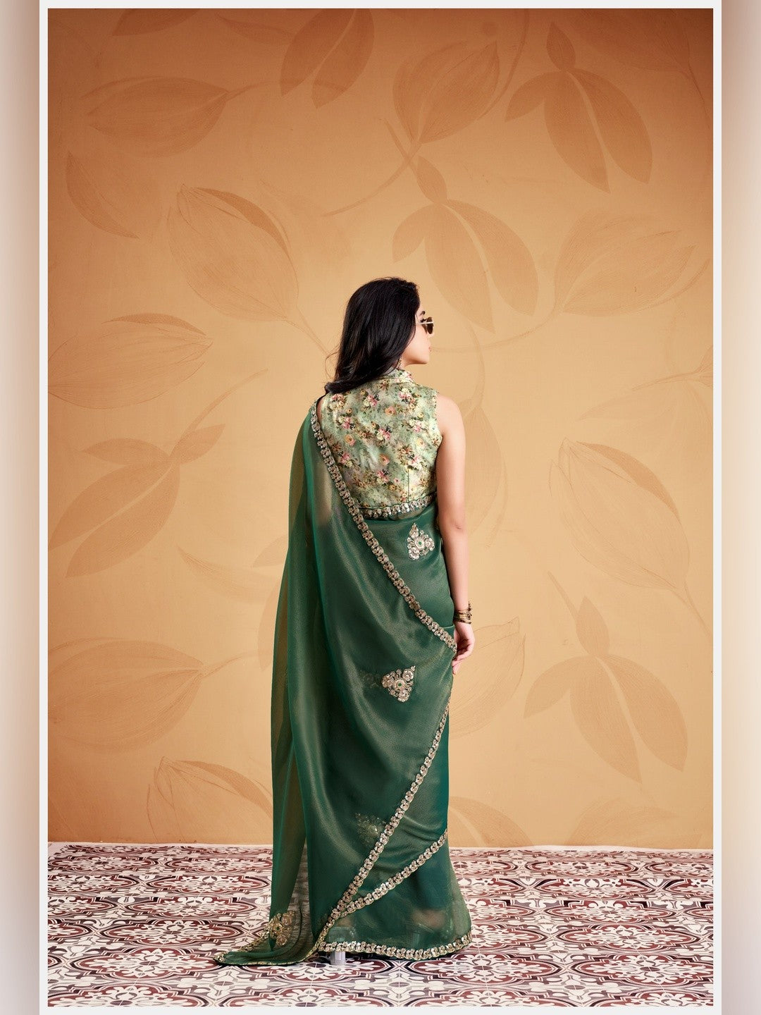 Peachmode Green Celestial 2 Embroidered Saree - Image 3