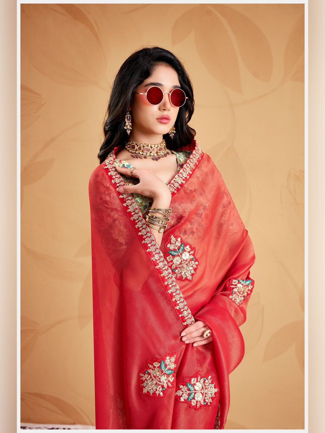 Peachmode Red Celestial 2 Embroidered Saree - Image 4