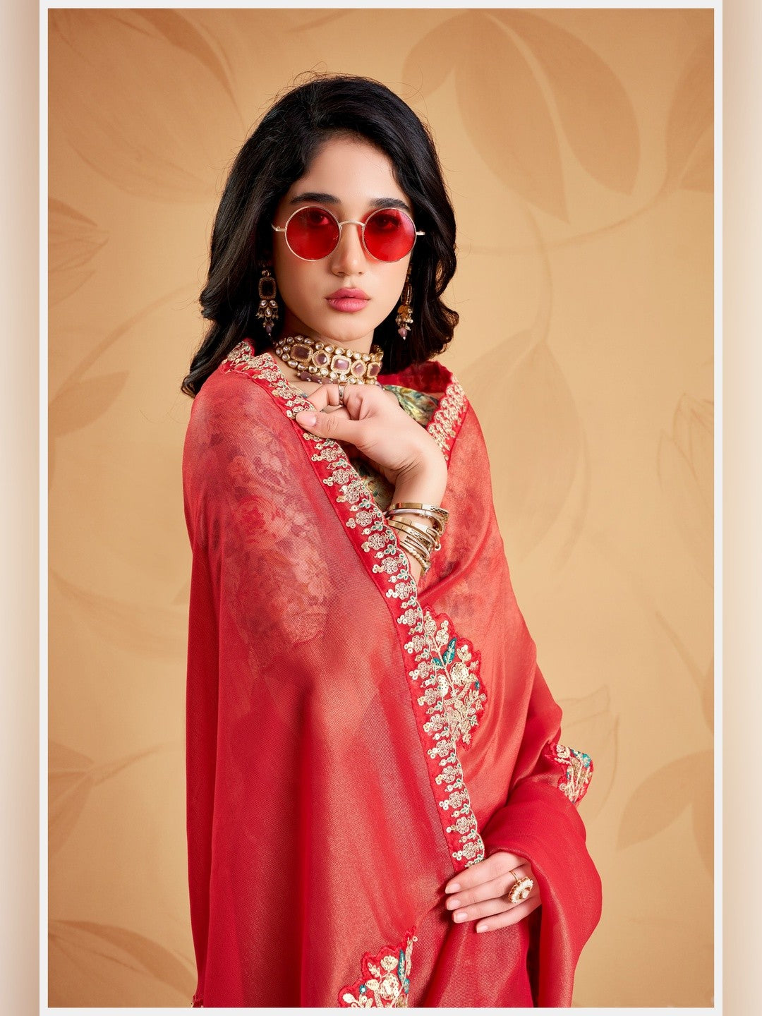 Peachmode Red Celestial 2 Embroidered Saree - Image 5