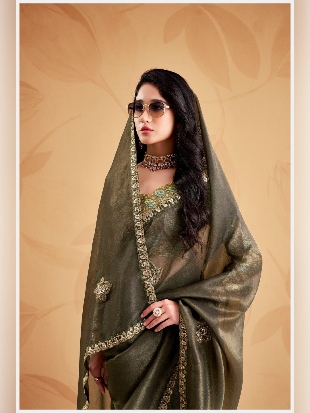 Peachmode Olive Celestial 2 Embroidered Saree - Image 4