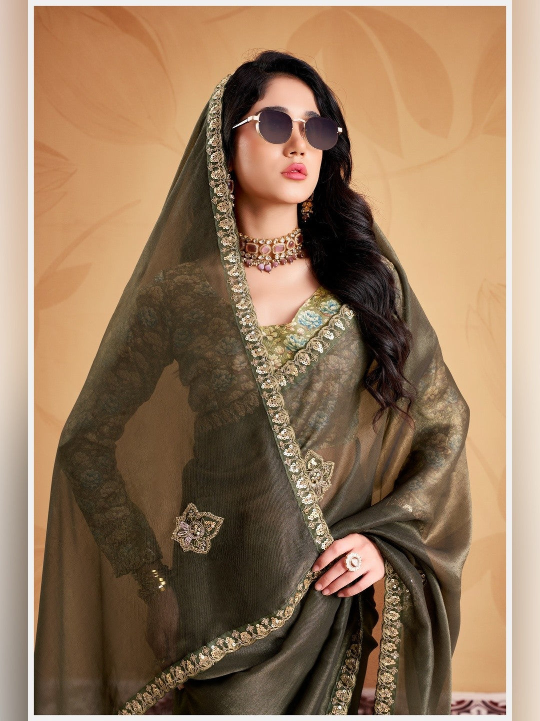 Peachmode Olive Celestial 2 Embroidered Saree - Image 5
