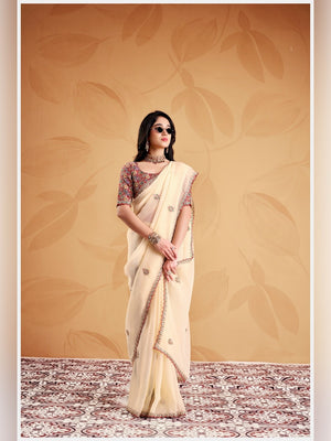 Peachmode Cream Celestial 2 Embroidered Saree - Image 1