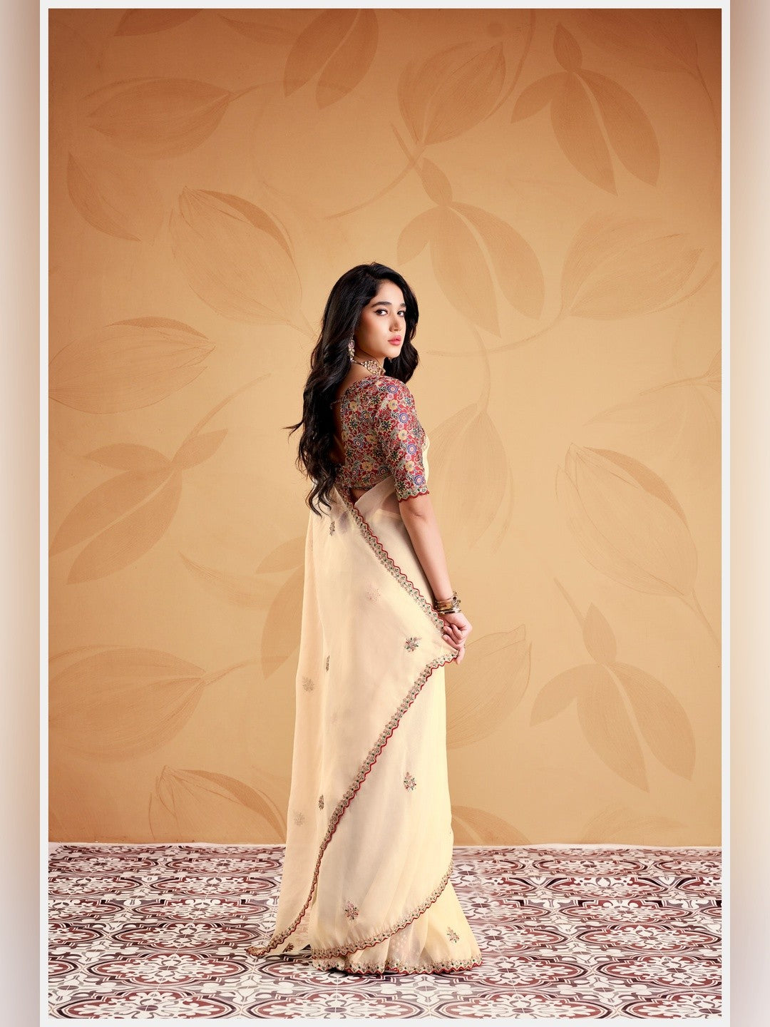 Peachmode Cream Celestial 2 Embroidered Saree - Image 3