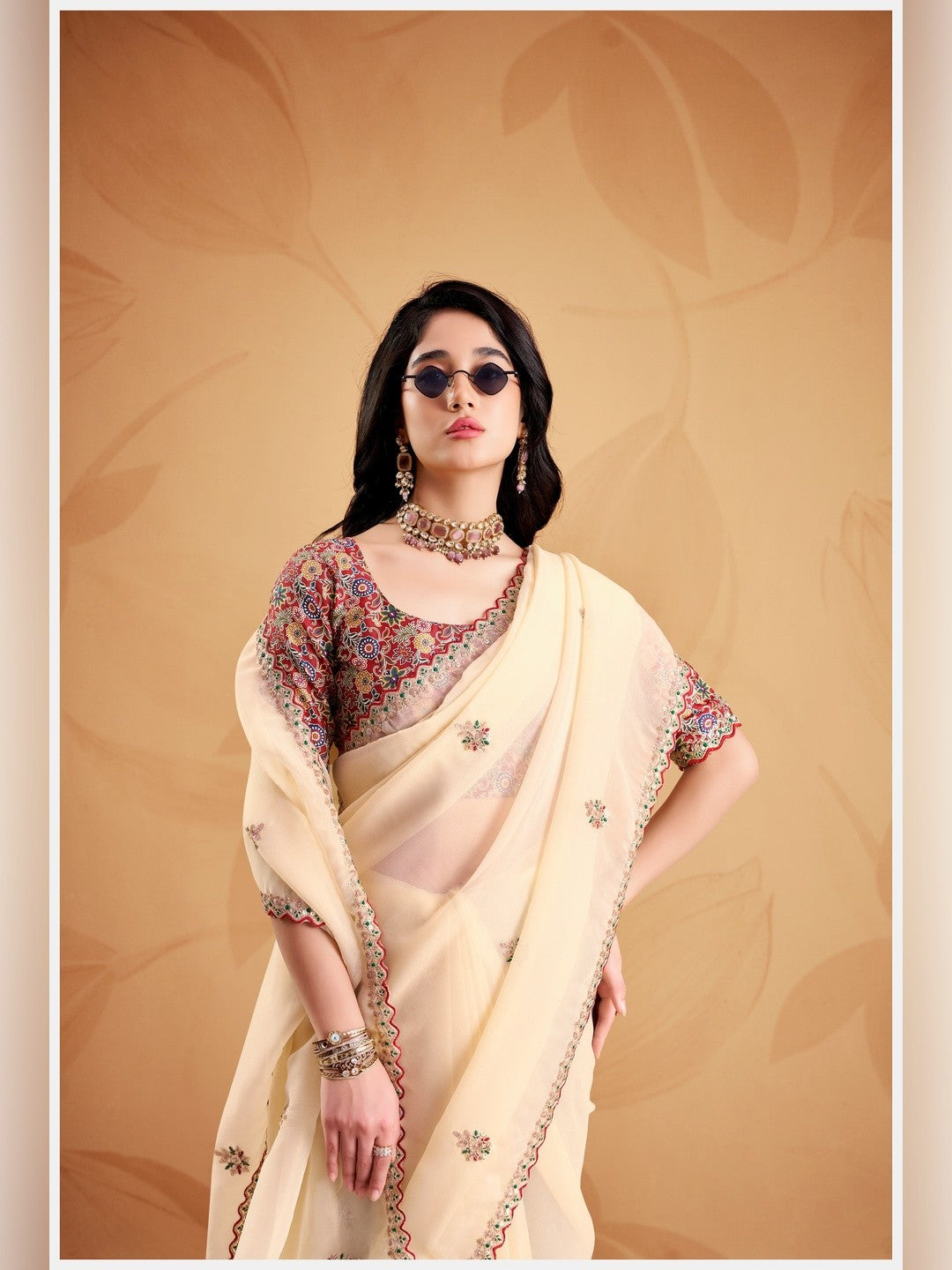 Peachmode Cream Celestial 2 Embroidered Saree - Image 4