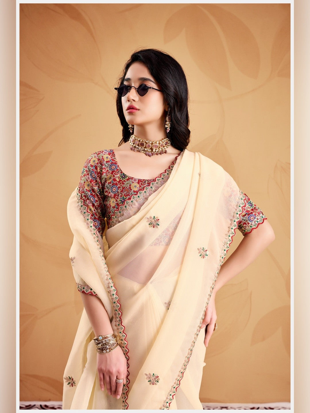 Peachmode Cream Celestial 2 Embroidered Saree - Image 5