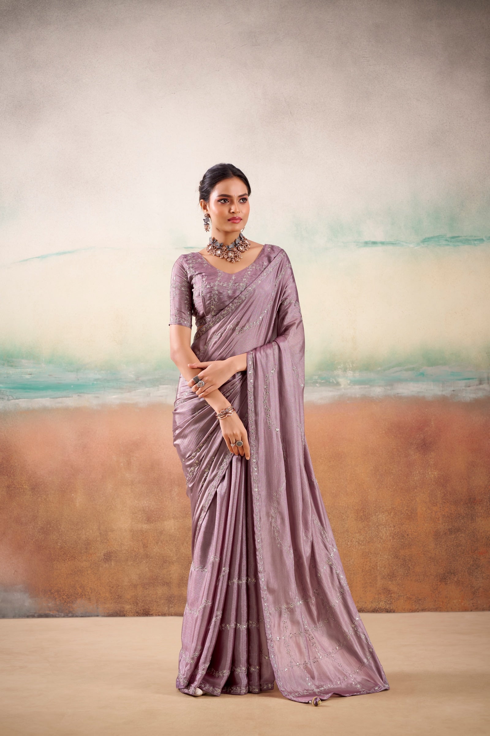 Peachmode Mauve Parinay Embroidered Saree - Image 1