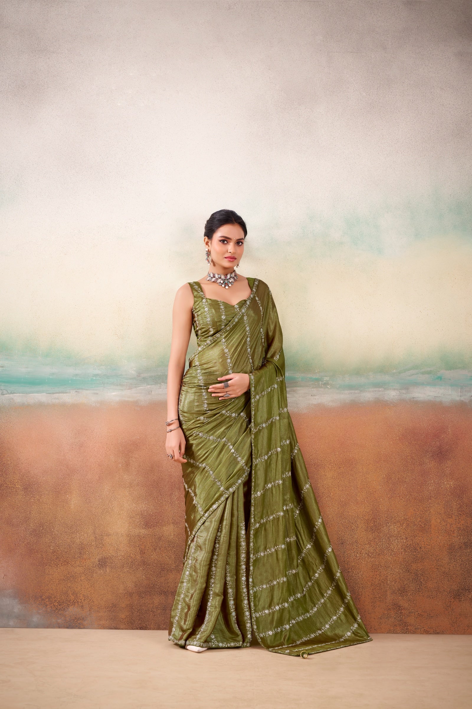 Peachmode Olive Parinay Embroidered Saree - Image 1