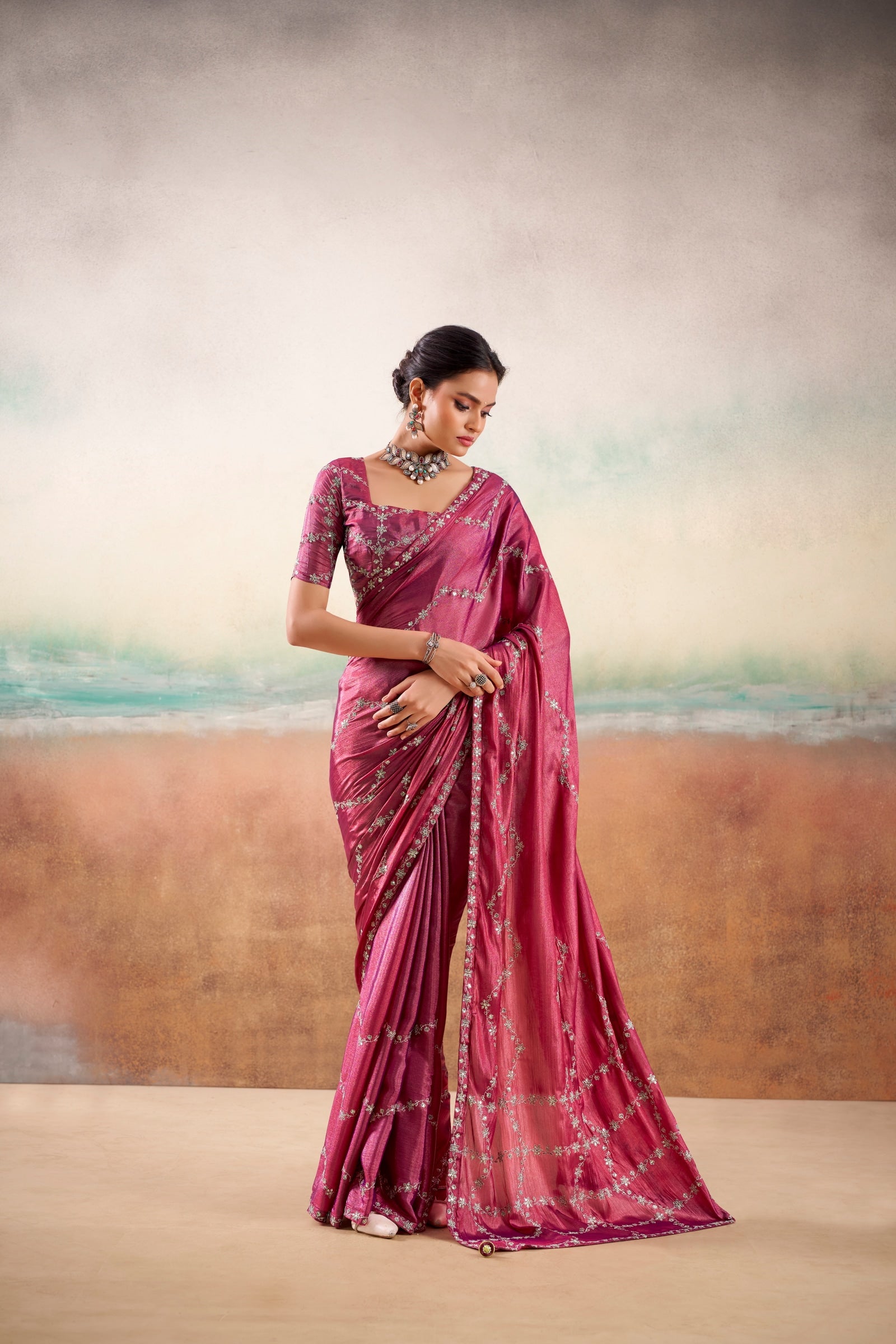 Peachmode Wine Parinay Embroidered Saree - Image 1