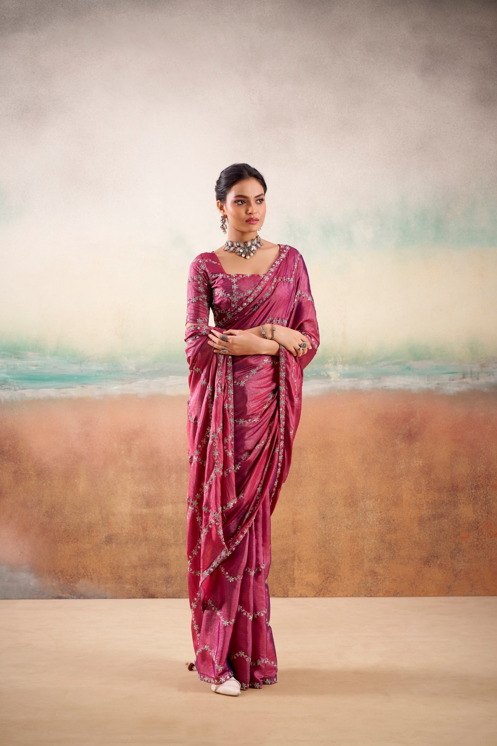 Peachmode Wine Parinay Embroidered Saree - Image 2