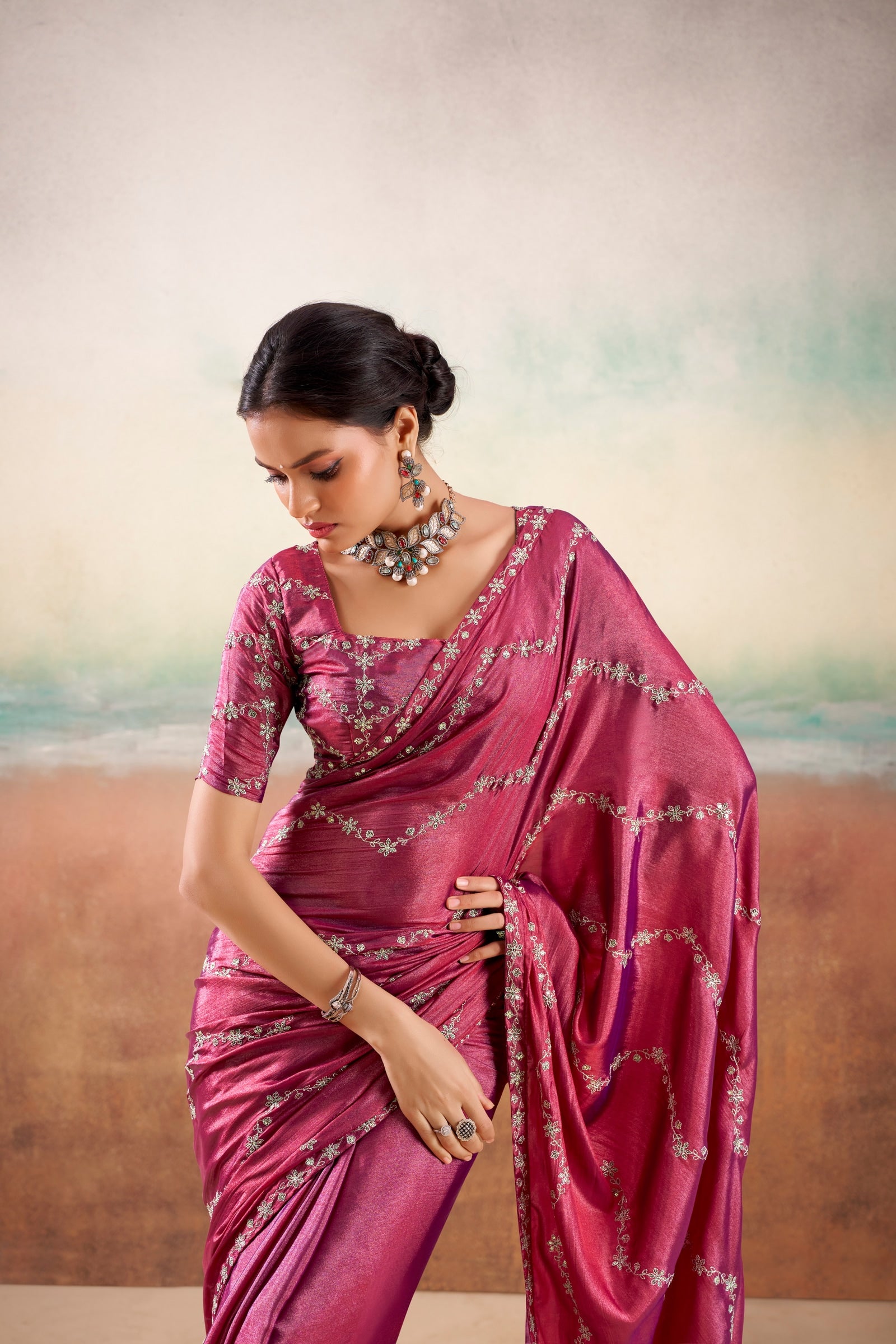 Peachmode Wine Parinay Embroidered Saree - Image 3
