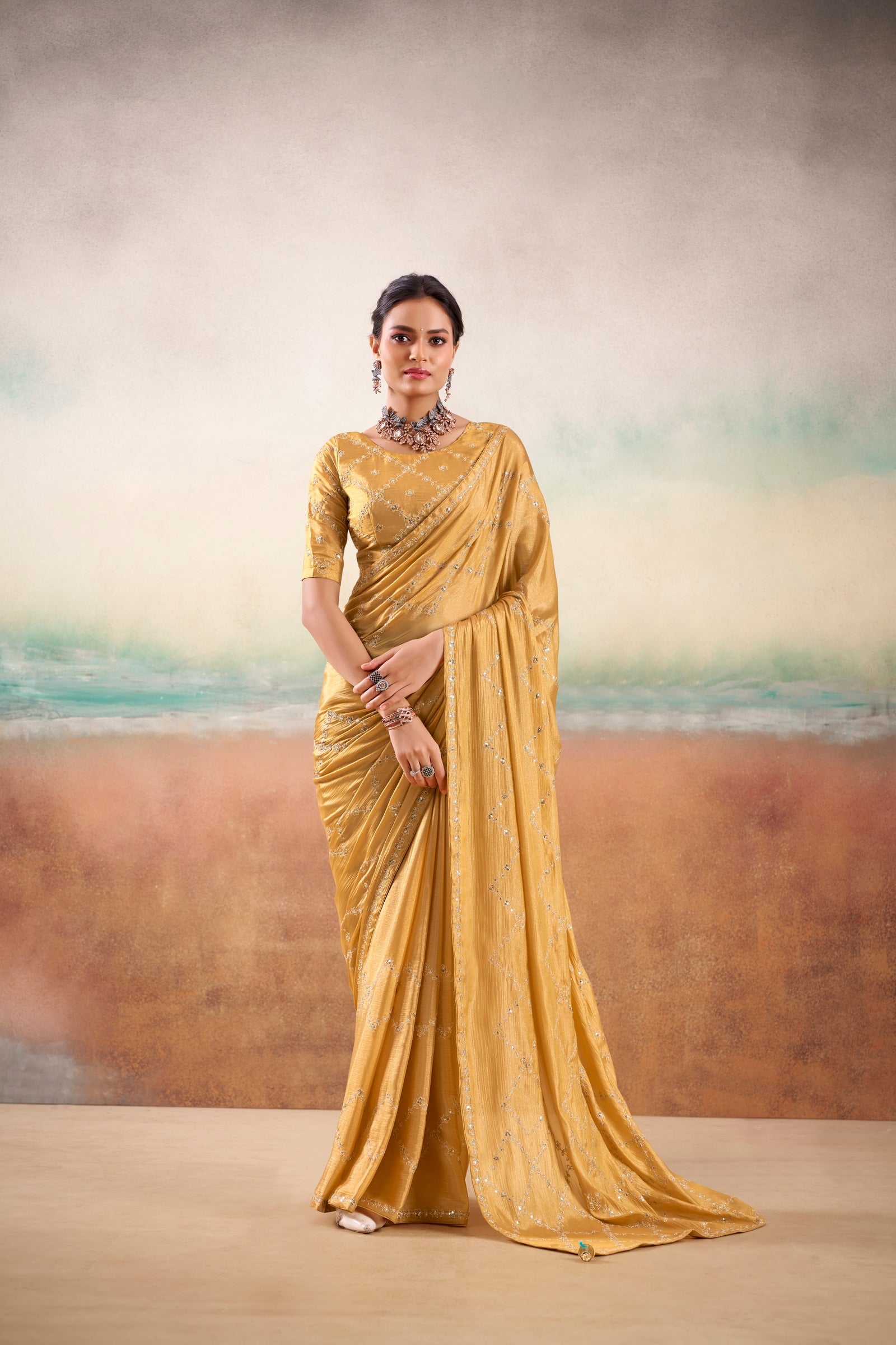 Peachmode Gold Parinay Embroidered Saree - Image 1