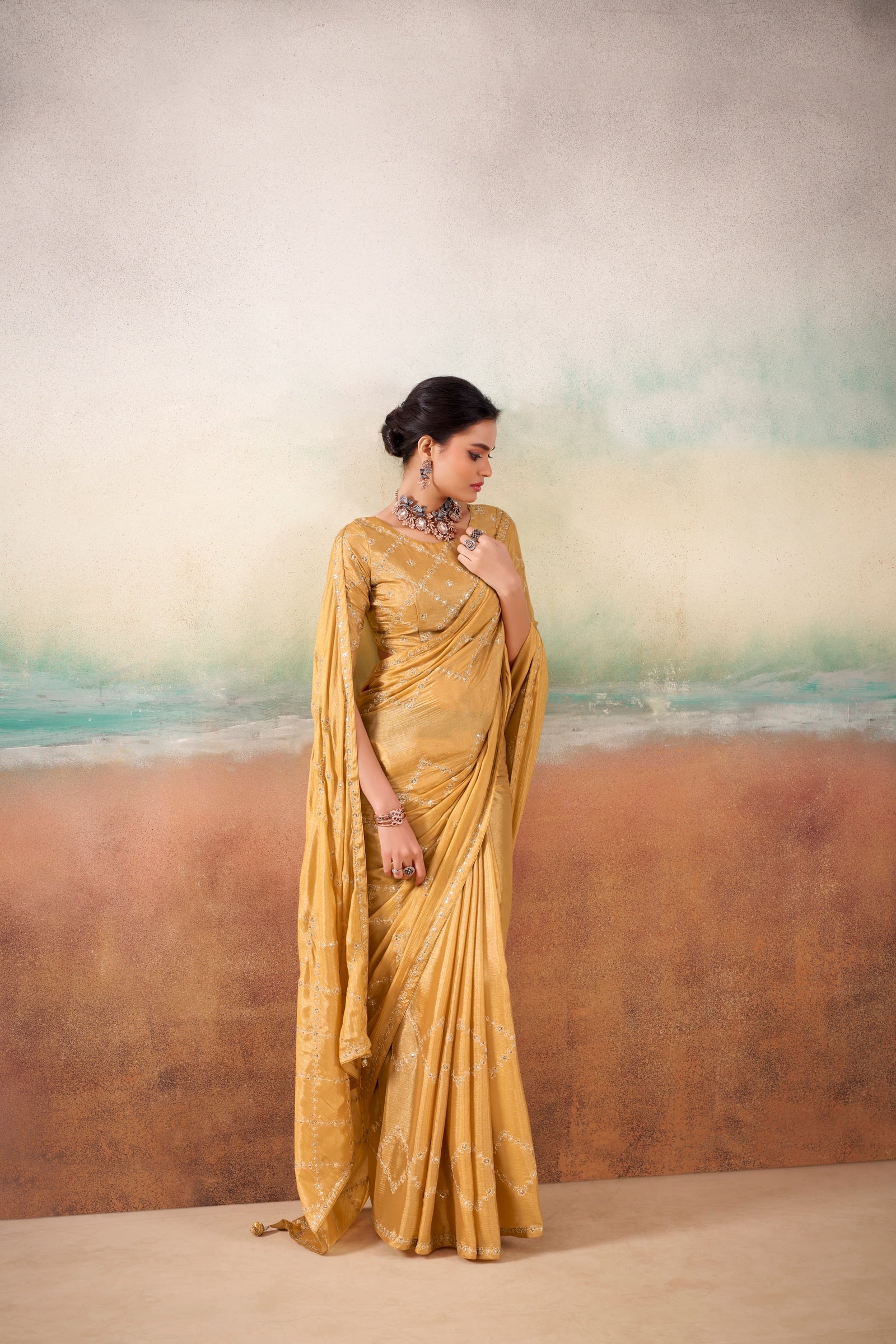 Peachmode Gold Parinay Embroidered Saree - Image 2