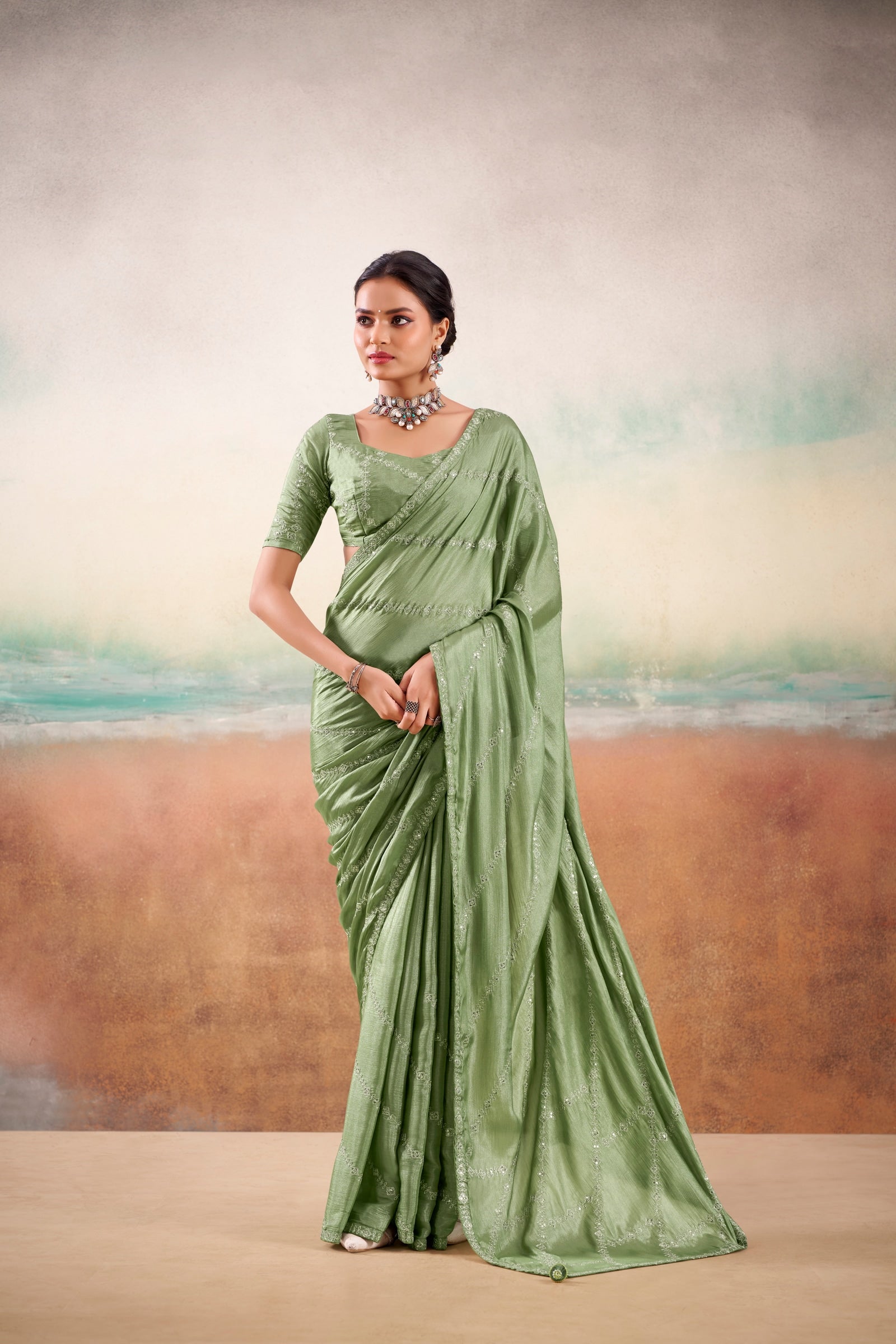 Peachmode Green Parinay Embroidered Saree - Image 1
