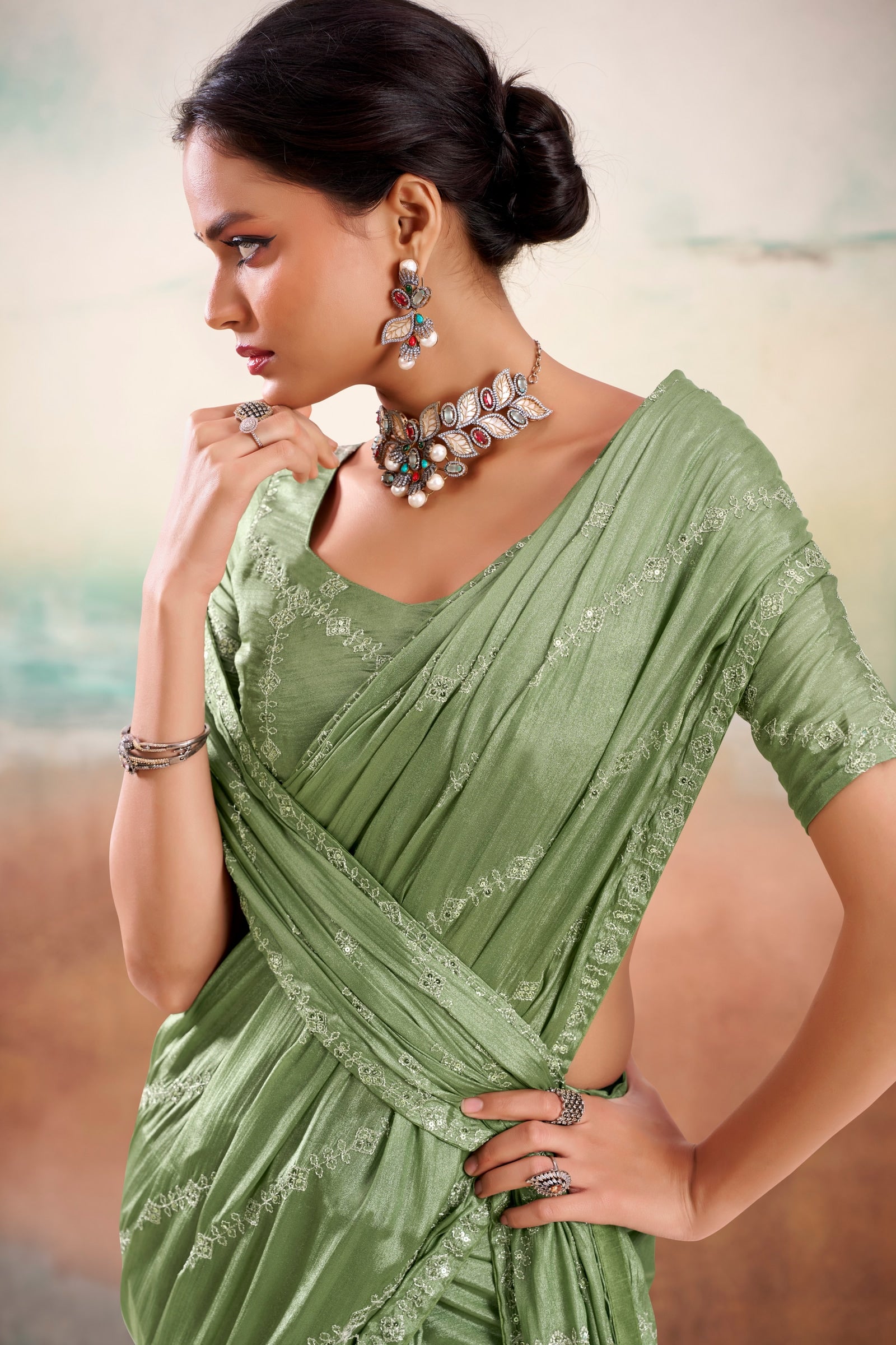 Peachmode Green Parinay Embroidered Saree - Image 4
