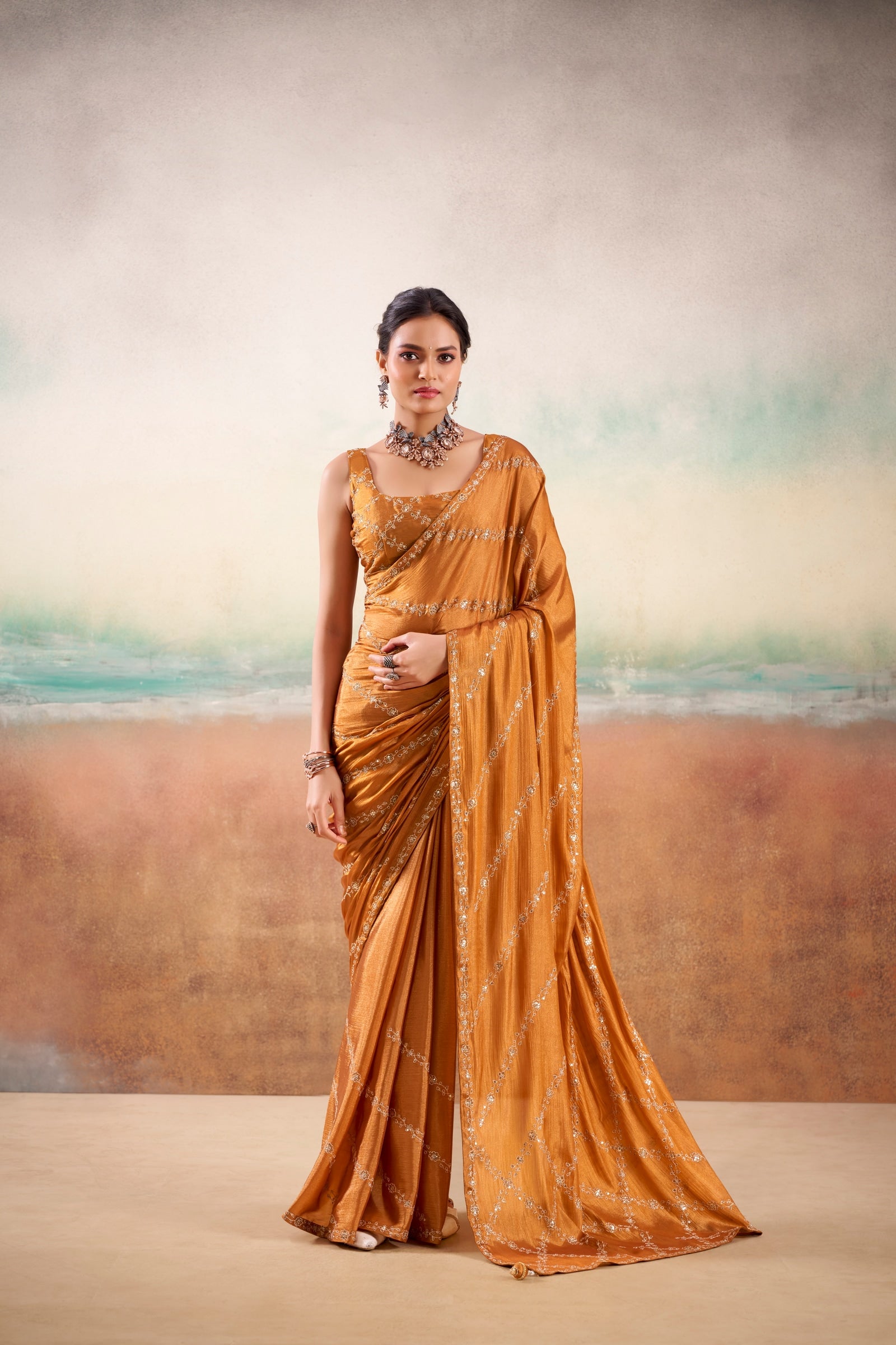 Peachmode Brown Parinay Embroidered Saree - Image 1