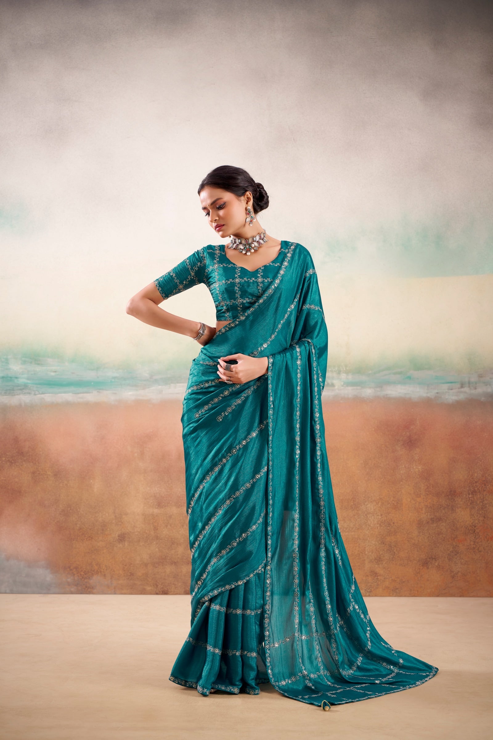 Peachmode Teal Parinay Embroidered Saree - Image 1