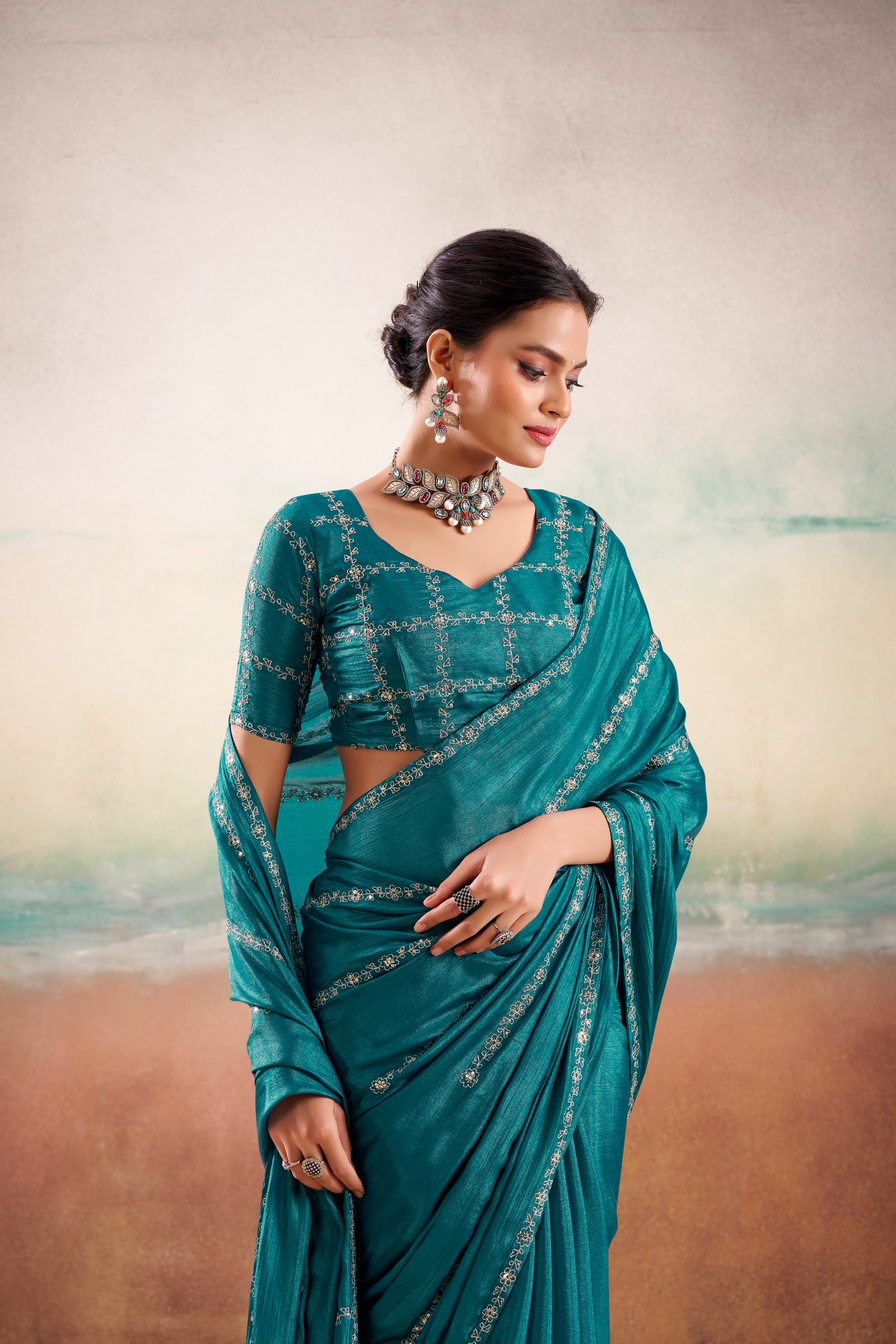Peachmode Teal Parinay Embroidered Saree - Image 3