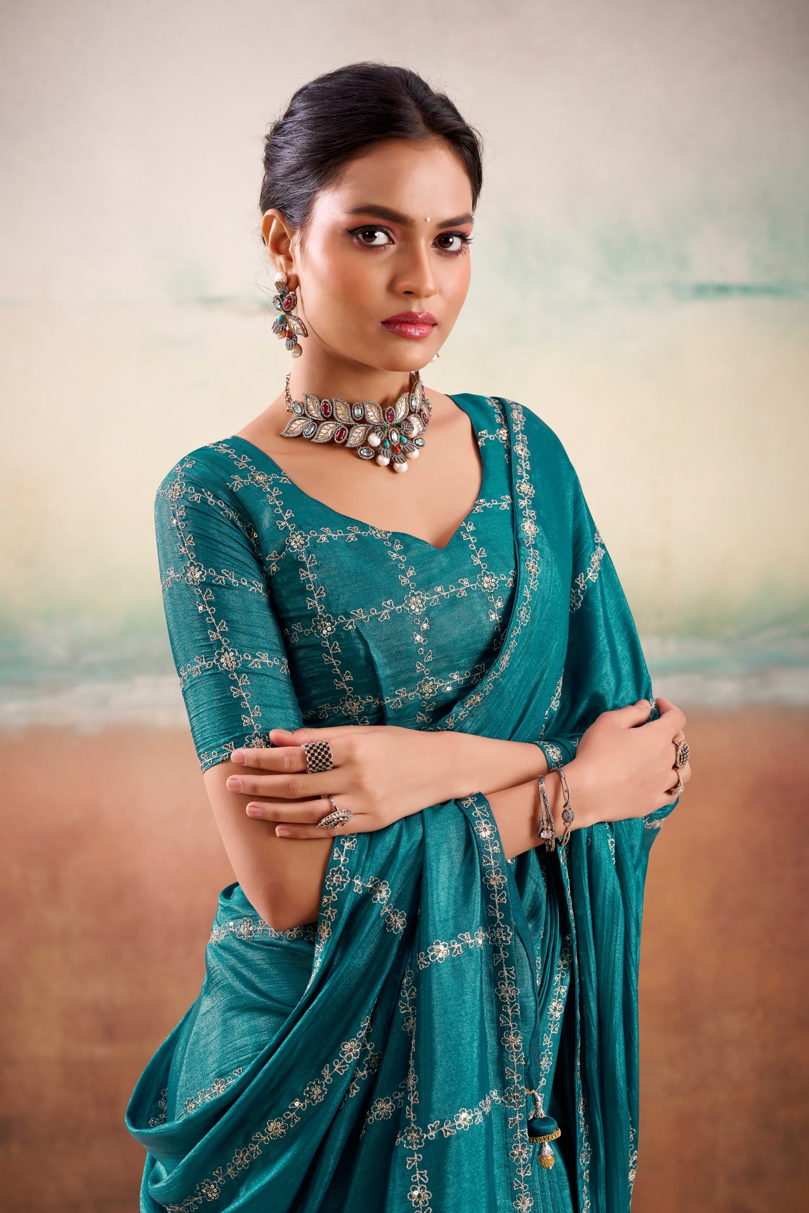 Peachmode Teal Parinay Embroidered Saree - Image 4