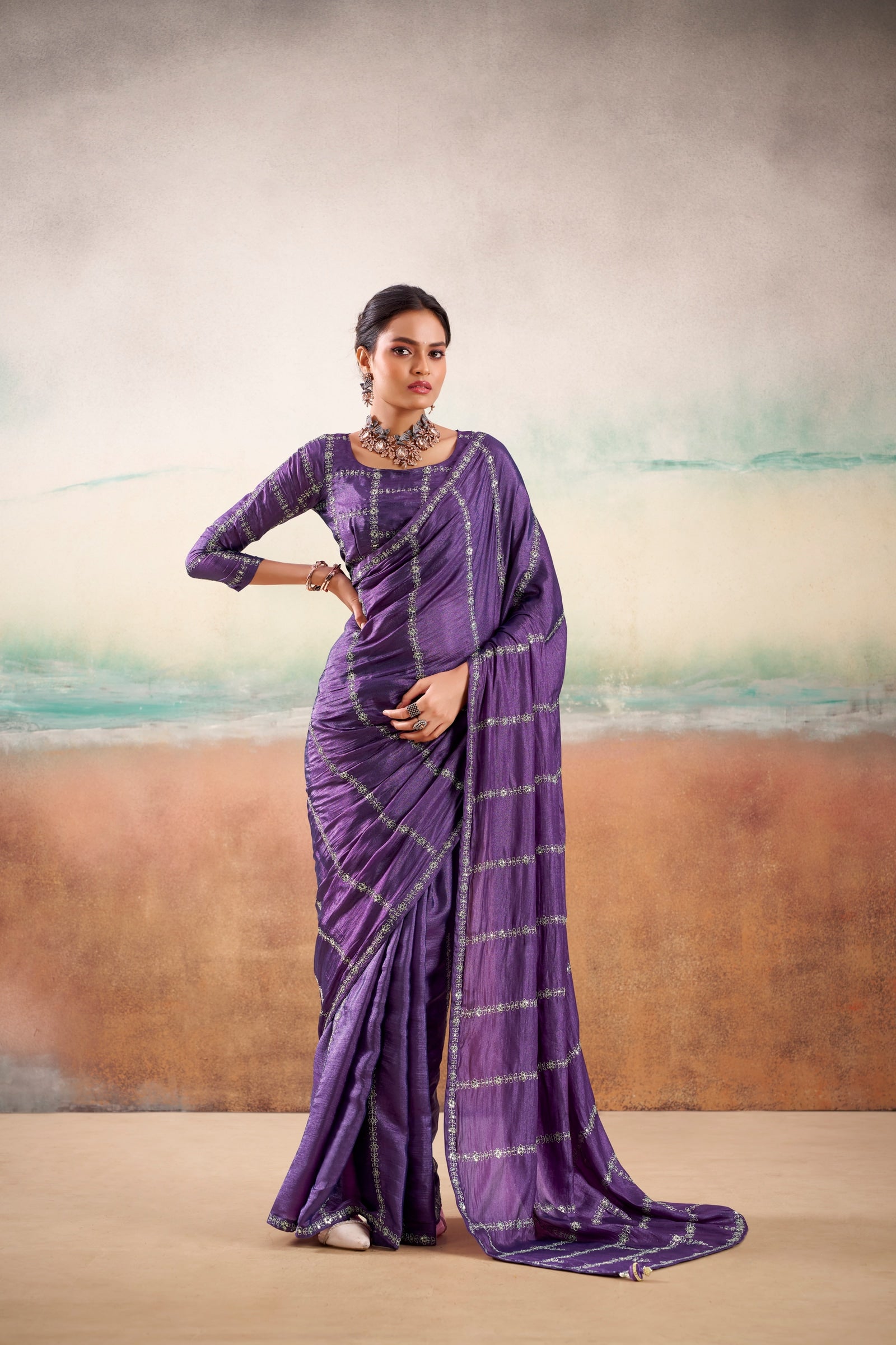 Peachmode Purple Parinay Embroidered Saree - Image 1