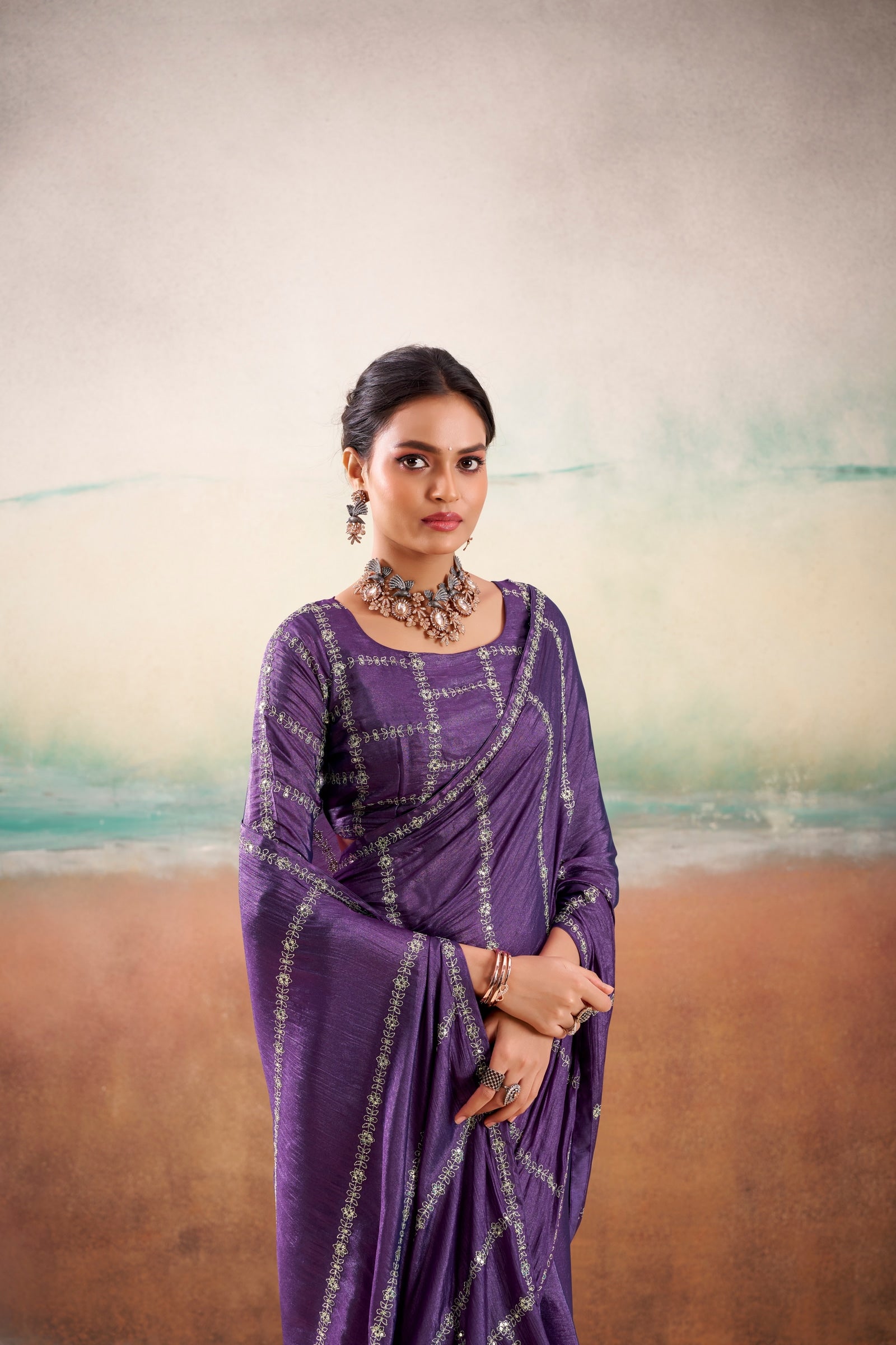Peachmode Purple Parinay Embroidered Saree - Image 3