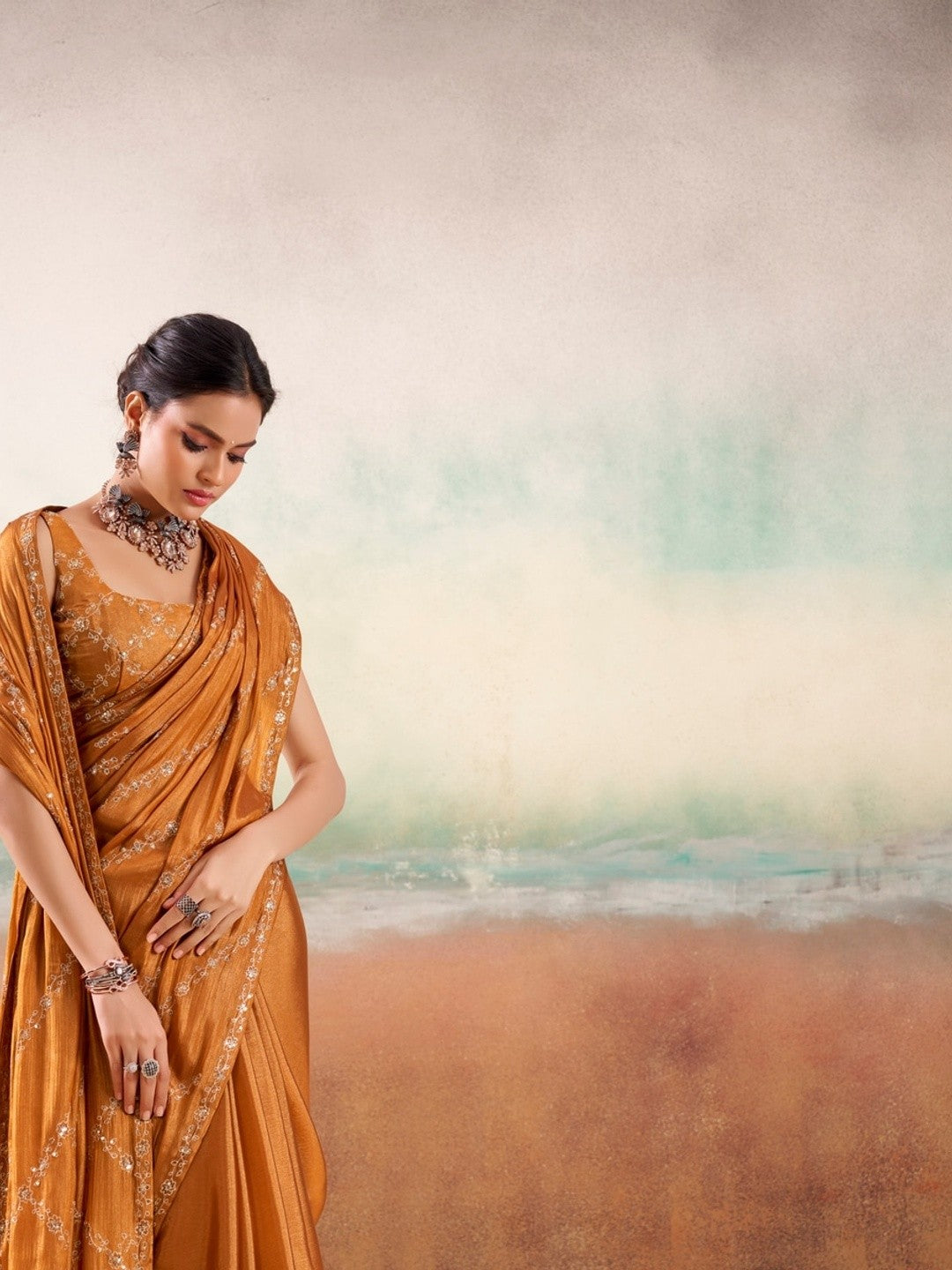 Peachmode Brown Parinay Embroidered Saree - Image 4