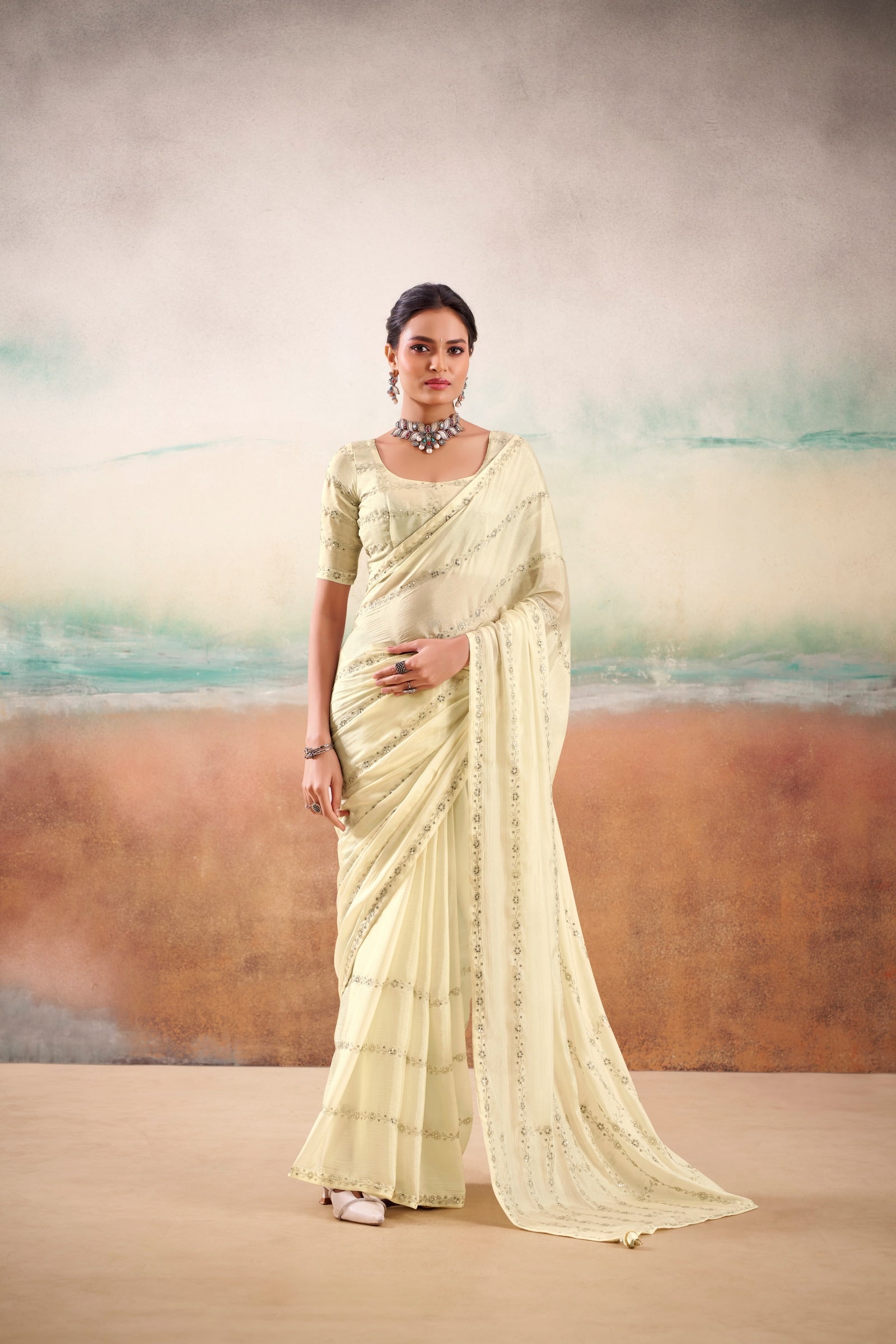 Peachmode Cream Parinay Embroidered Saree - Image 1
