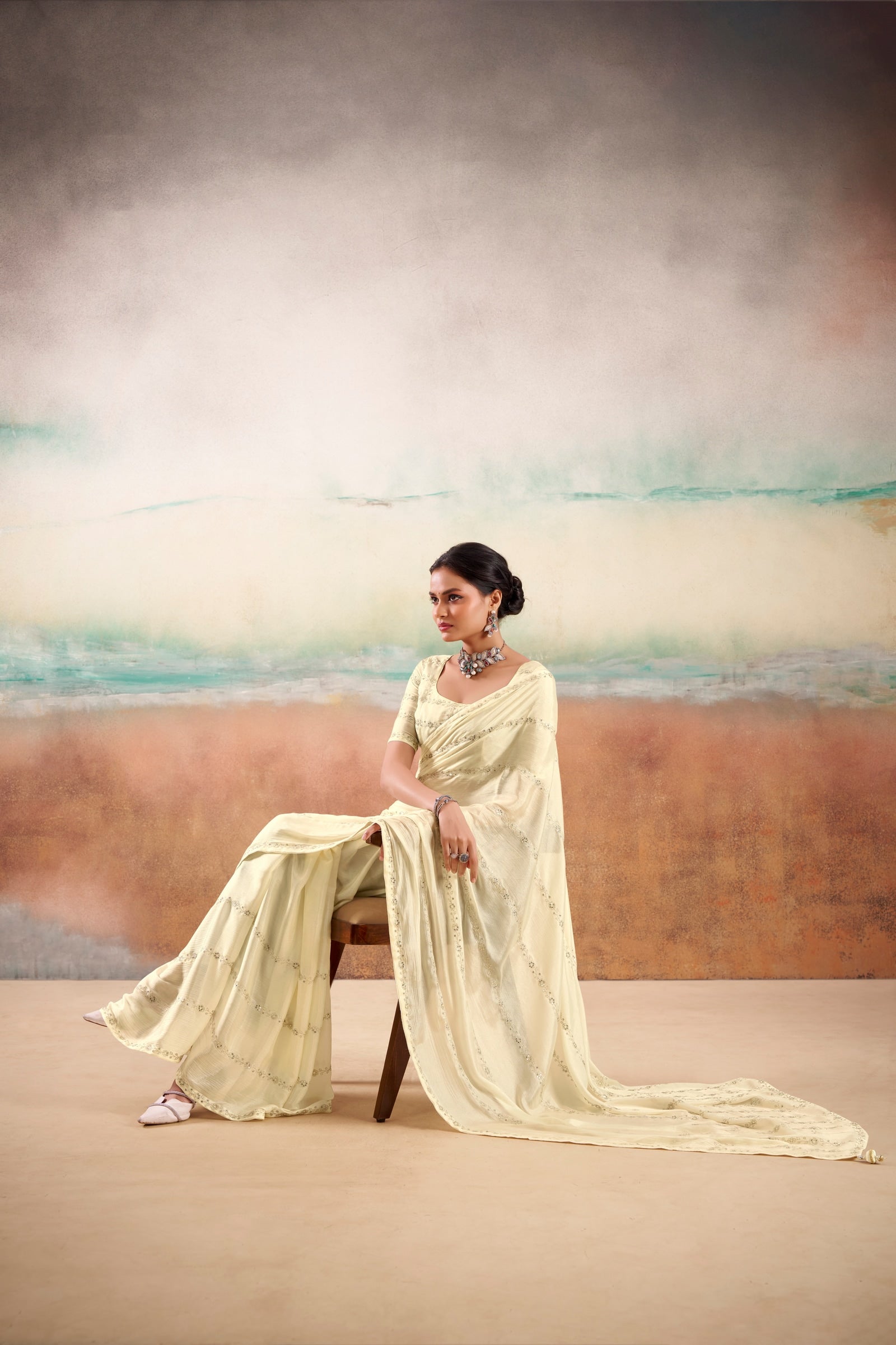 Peachmode Cream Parinay Embroidered Saree - Image 2
