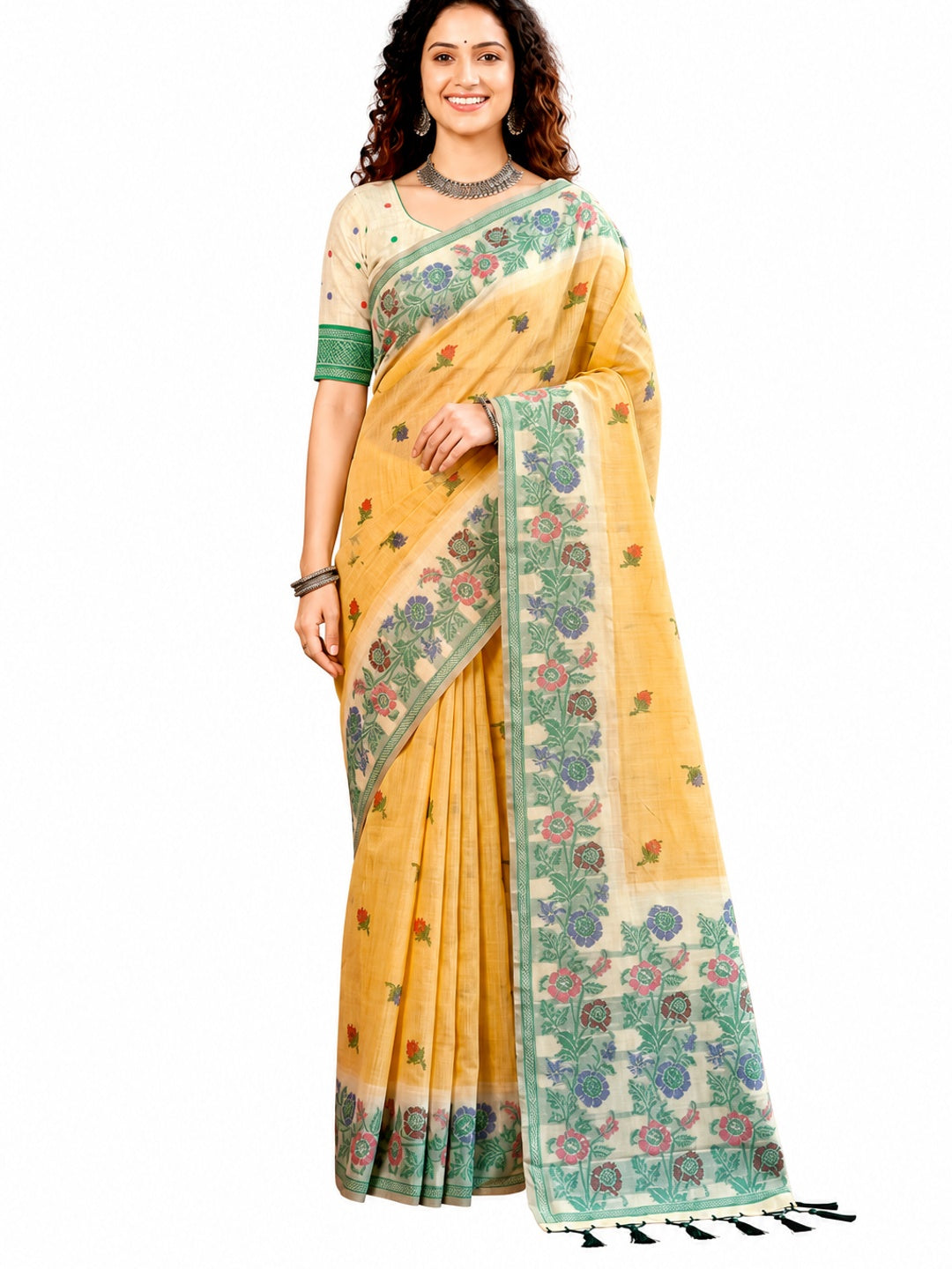 Peachmode Yellow Cotton Blend Vasundhara Saree - Image 6
