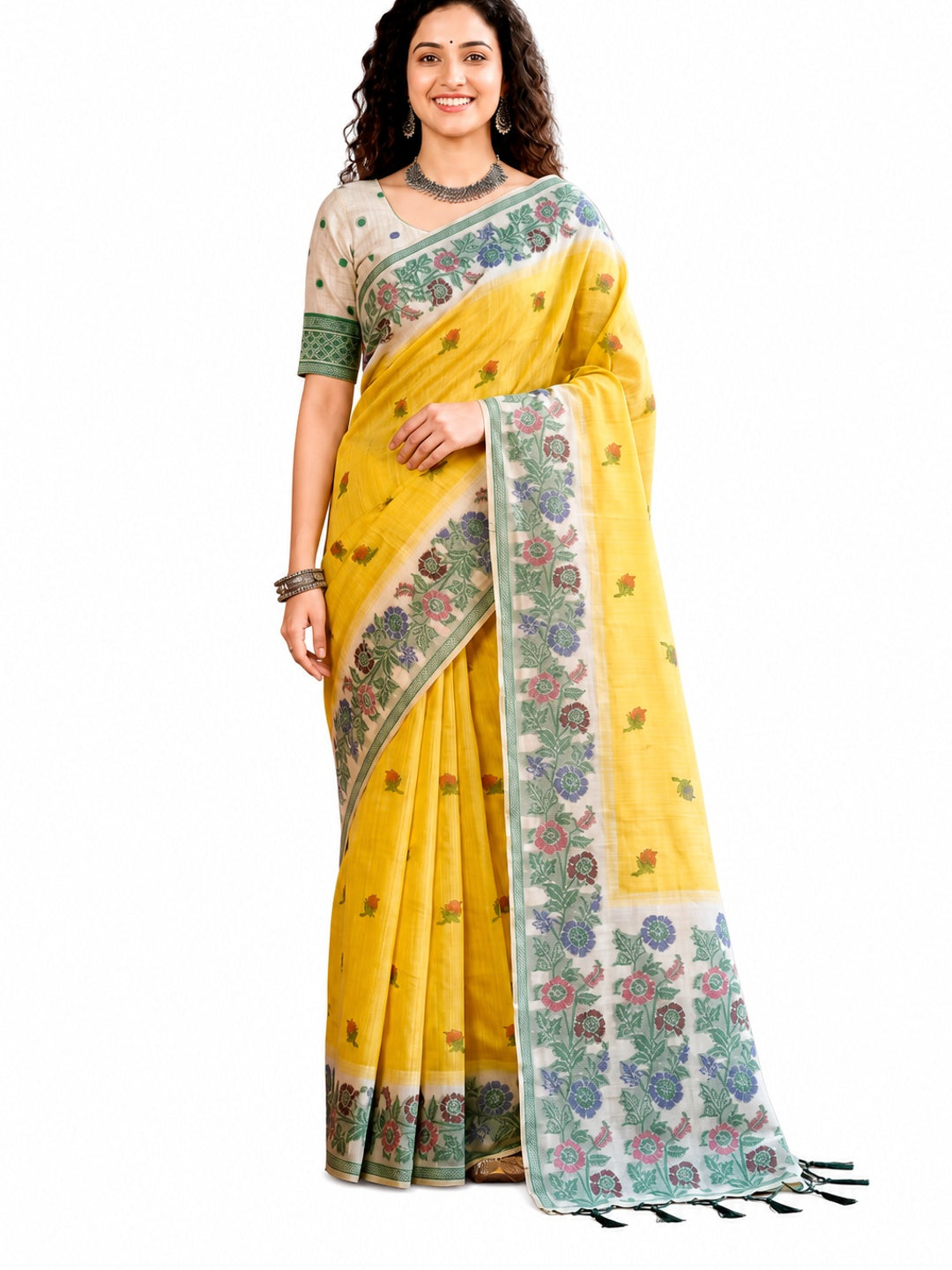 Peachmode Yellow Cotton Blend Vasundhara Saree - Image 6