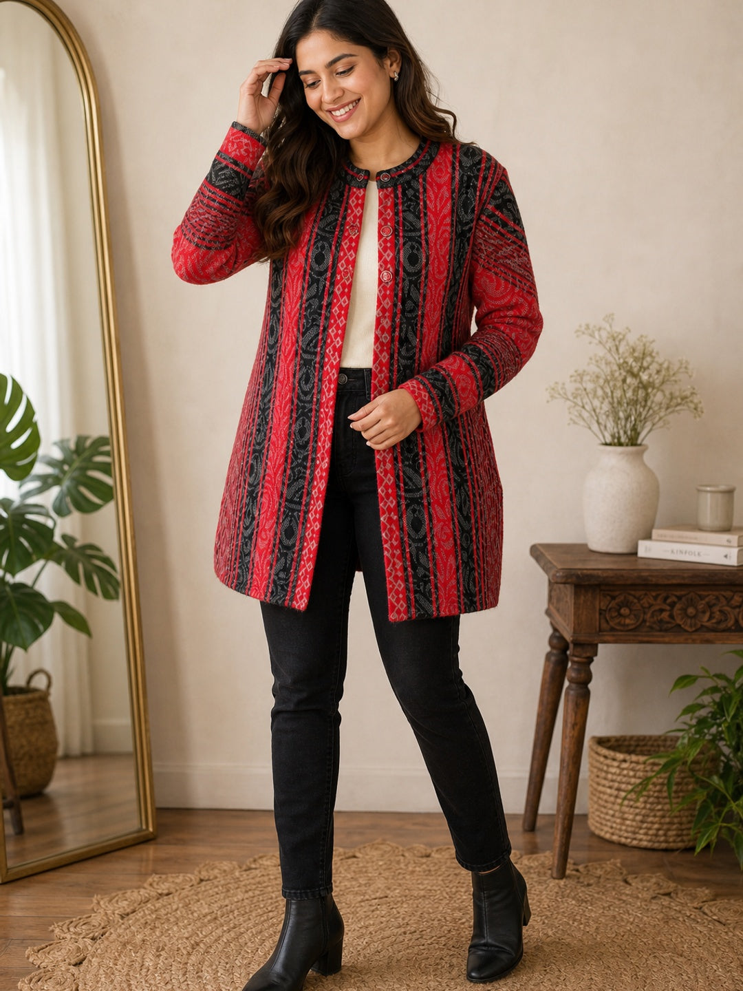 Cozy Red Woven Wool Cardigan Designed for Comfortable Winter Layering - Image 1