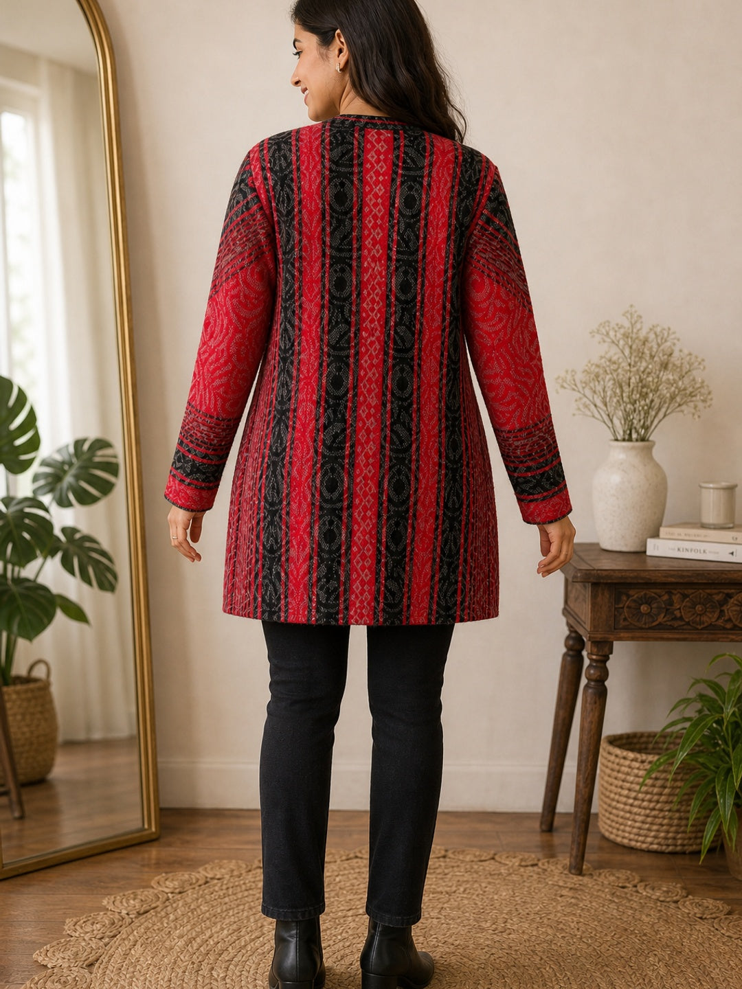 Cozy Red Woven Wool Cardigan Designed for Comfortable Winter Layering - Image 4