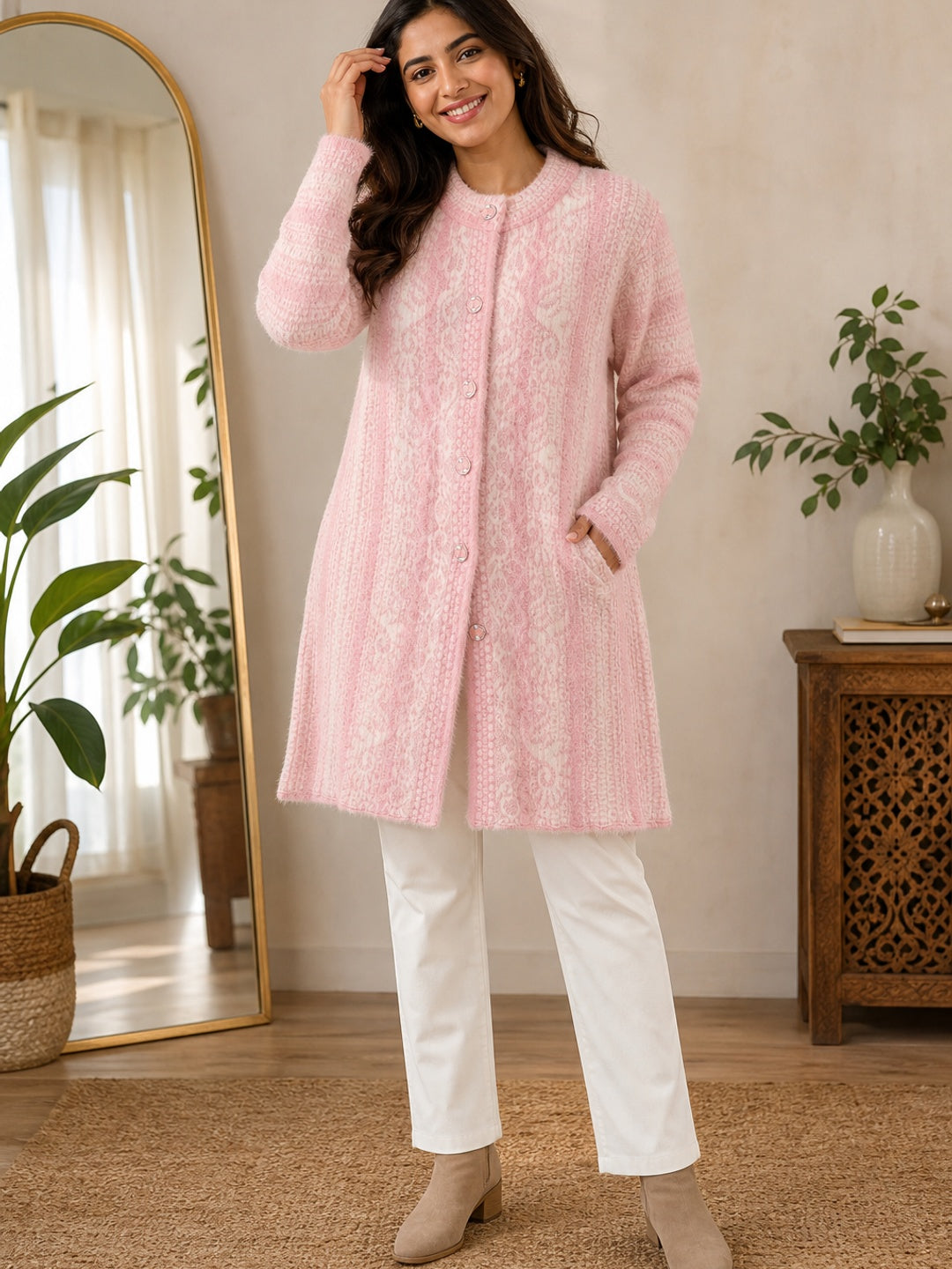 Cozy Baby Pink Woven Wool Cardigan Designed for Comfortable Winter Layering - Image 1
