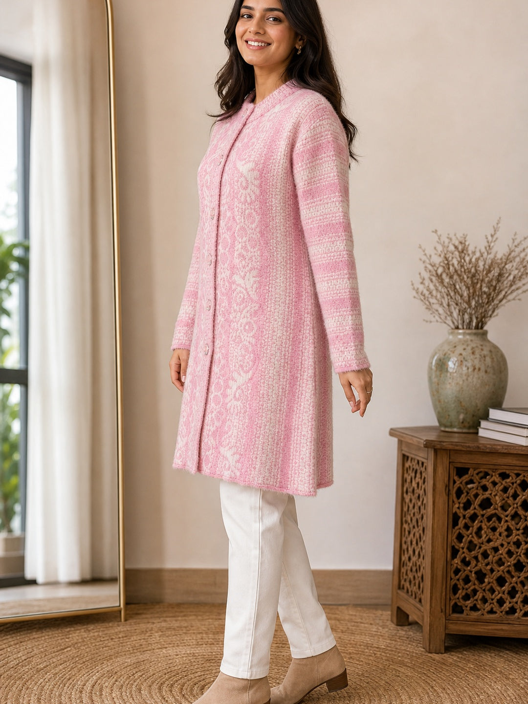 Cozy Baby Pink Woven Wool Cardigan Designed for Comfortable Winter Layering - Image 2
