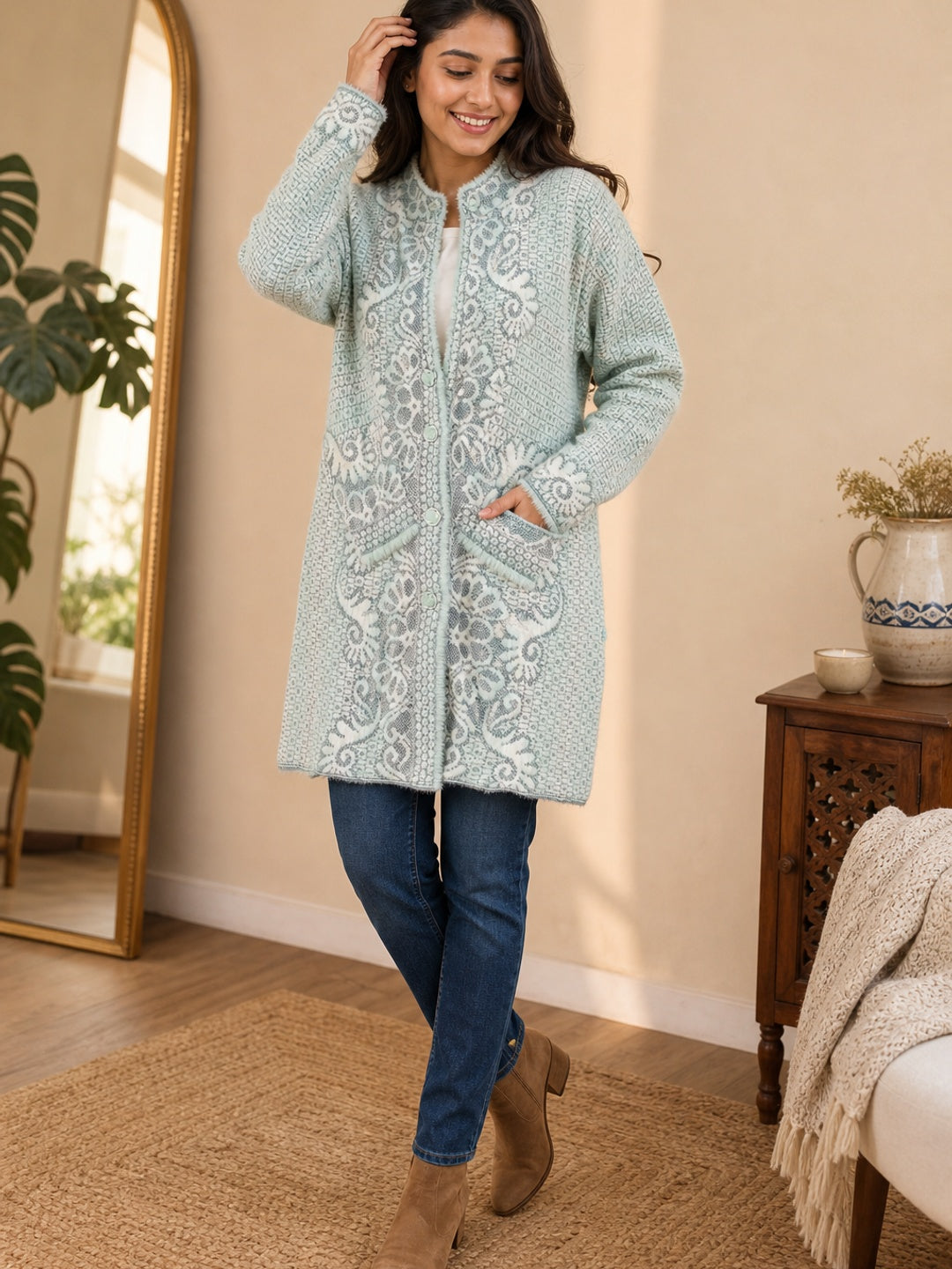 Cozy Mint Green Woven Wool Cardigan Designed for Comfortable Winter Layering - Image 1