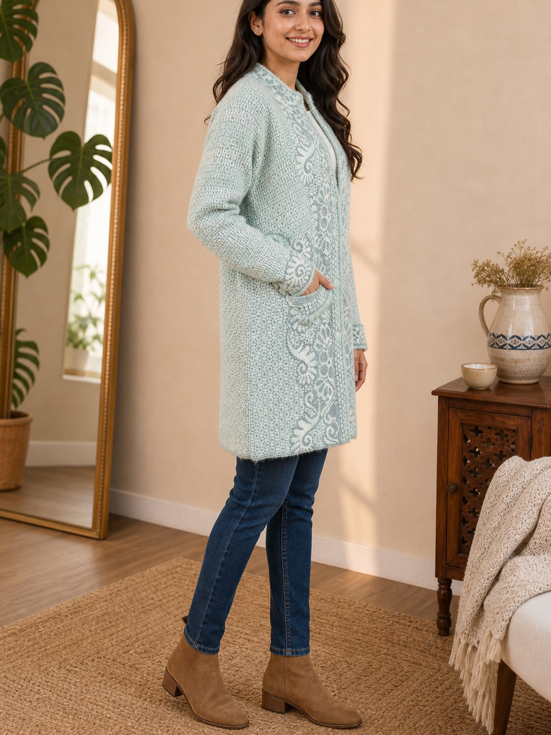 Cozy Mint Green Woven Wool Cardigan Designed for Comfortable Winter Layering - Image 2