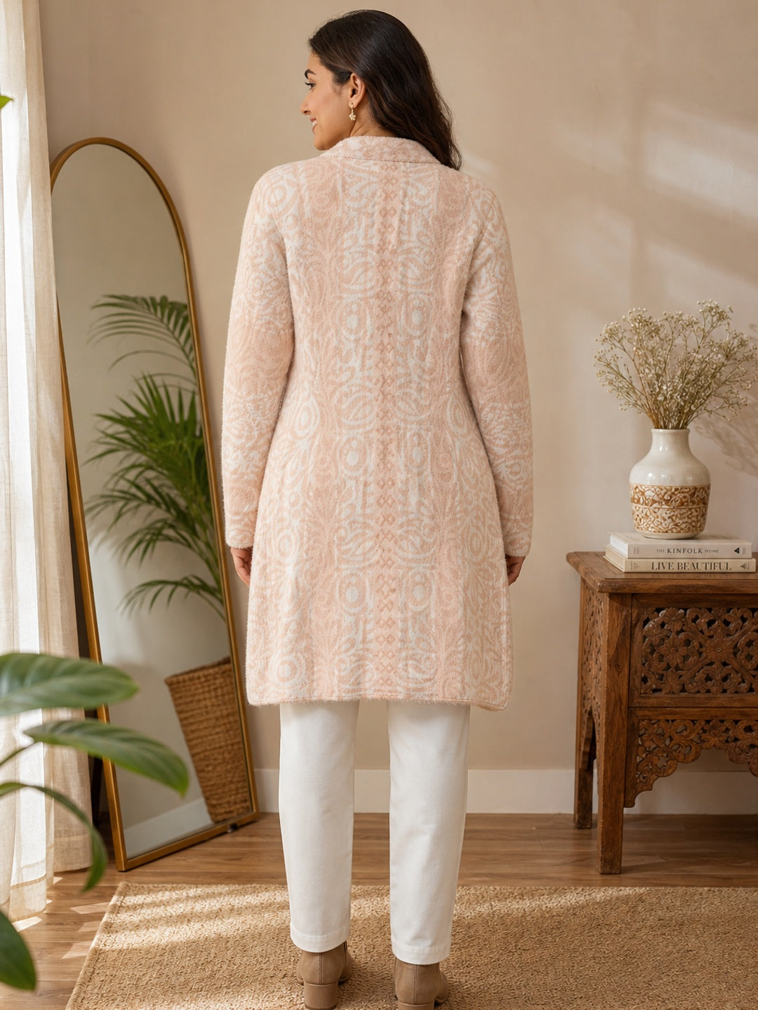 Cozy Peach Woven Wool Cardigan Designed for Comfortable Winter Layering - Image 4