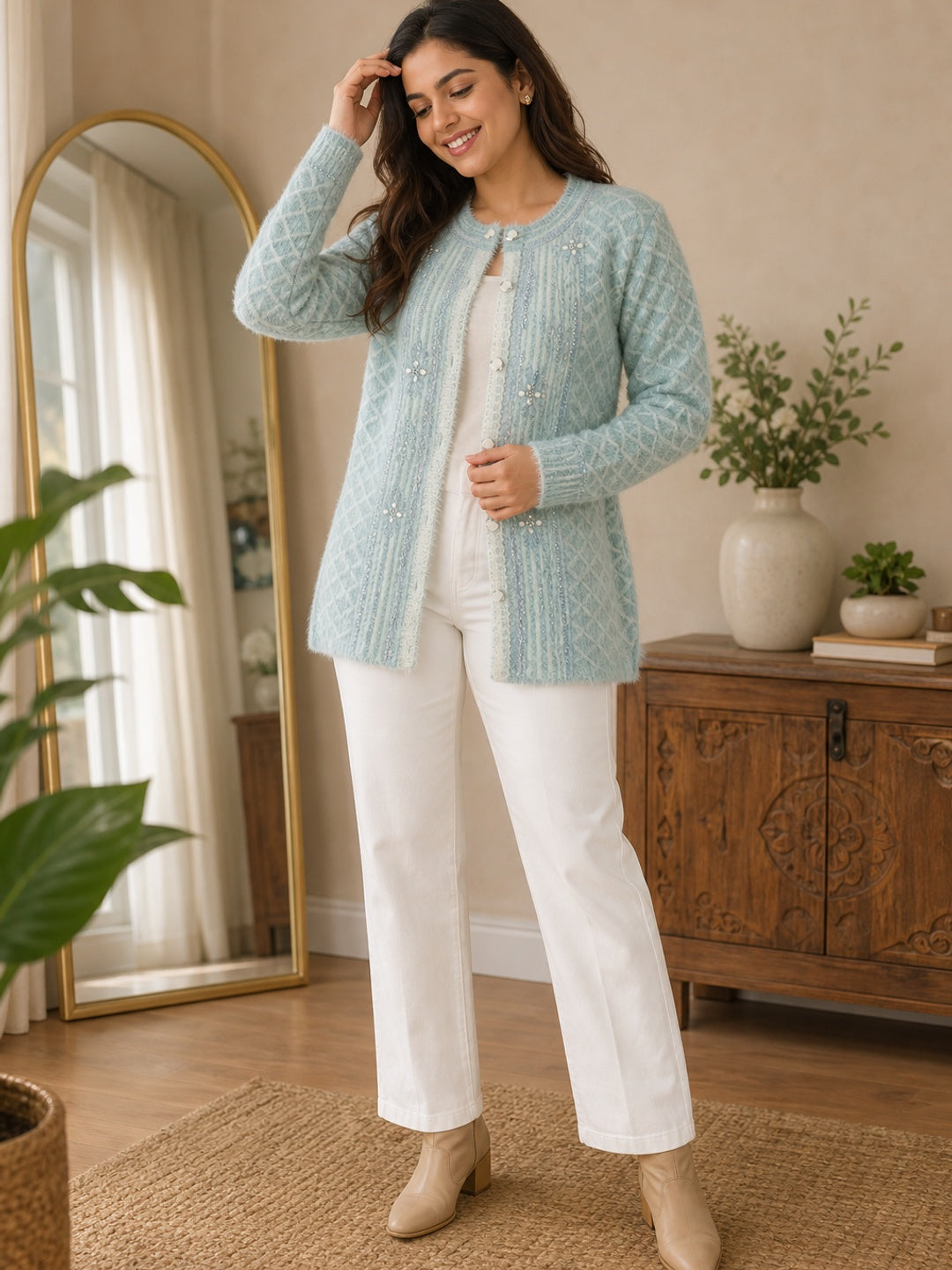 Elegant Sky Blue Woven Woolen Cardigan with Straight Cut Design for Winter Layering - Image 1