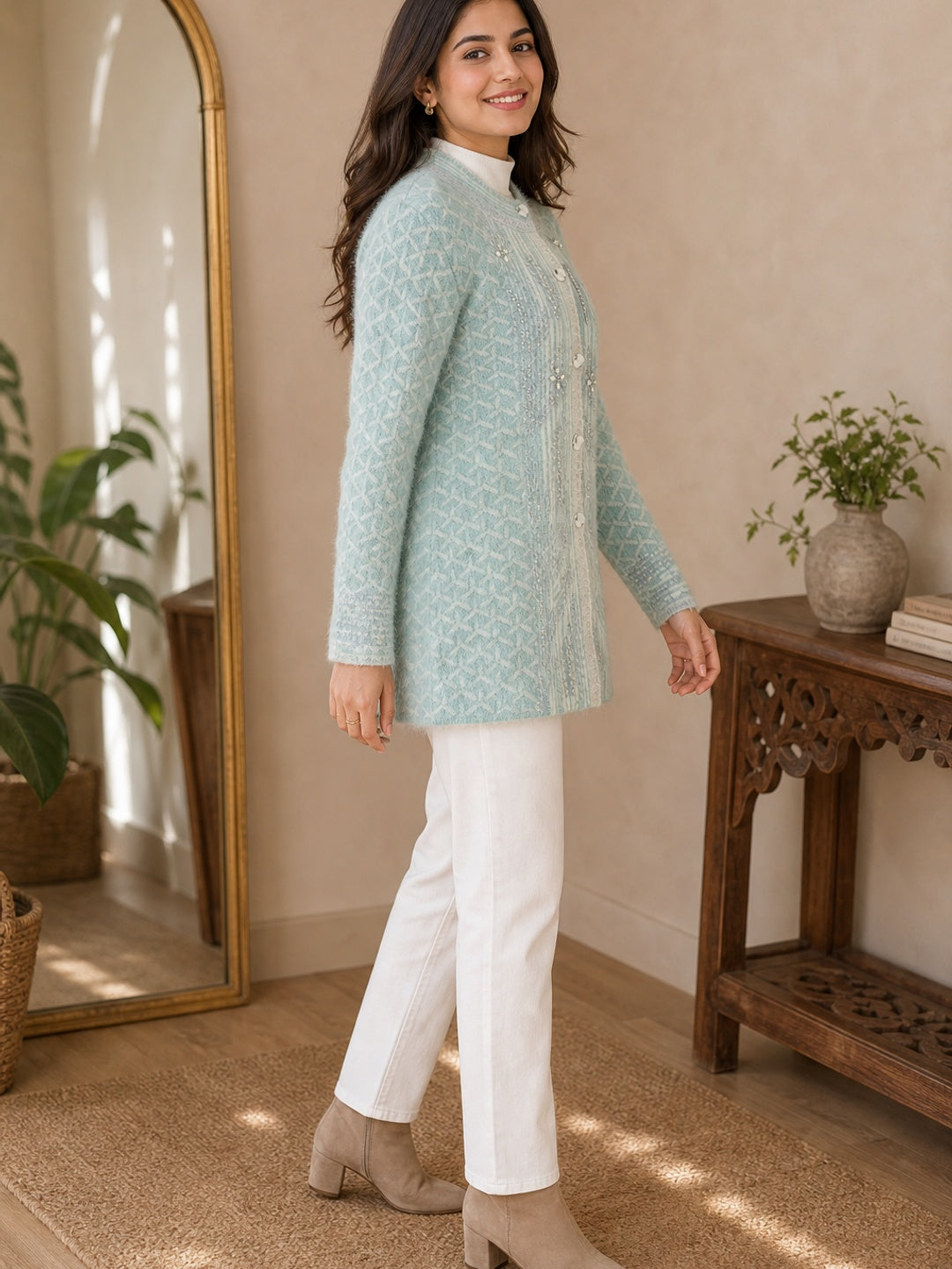 Elegant Sky Blue Woven Woolen Cardigan with Straight Cut Design for Winter Layering - Image 3
