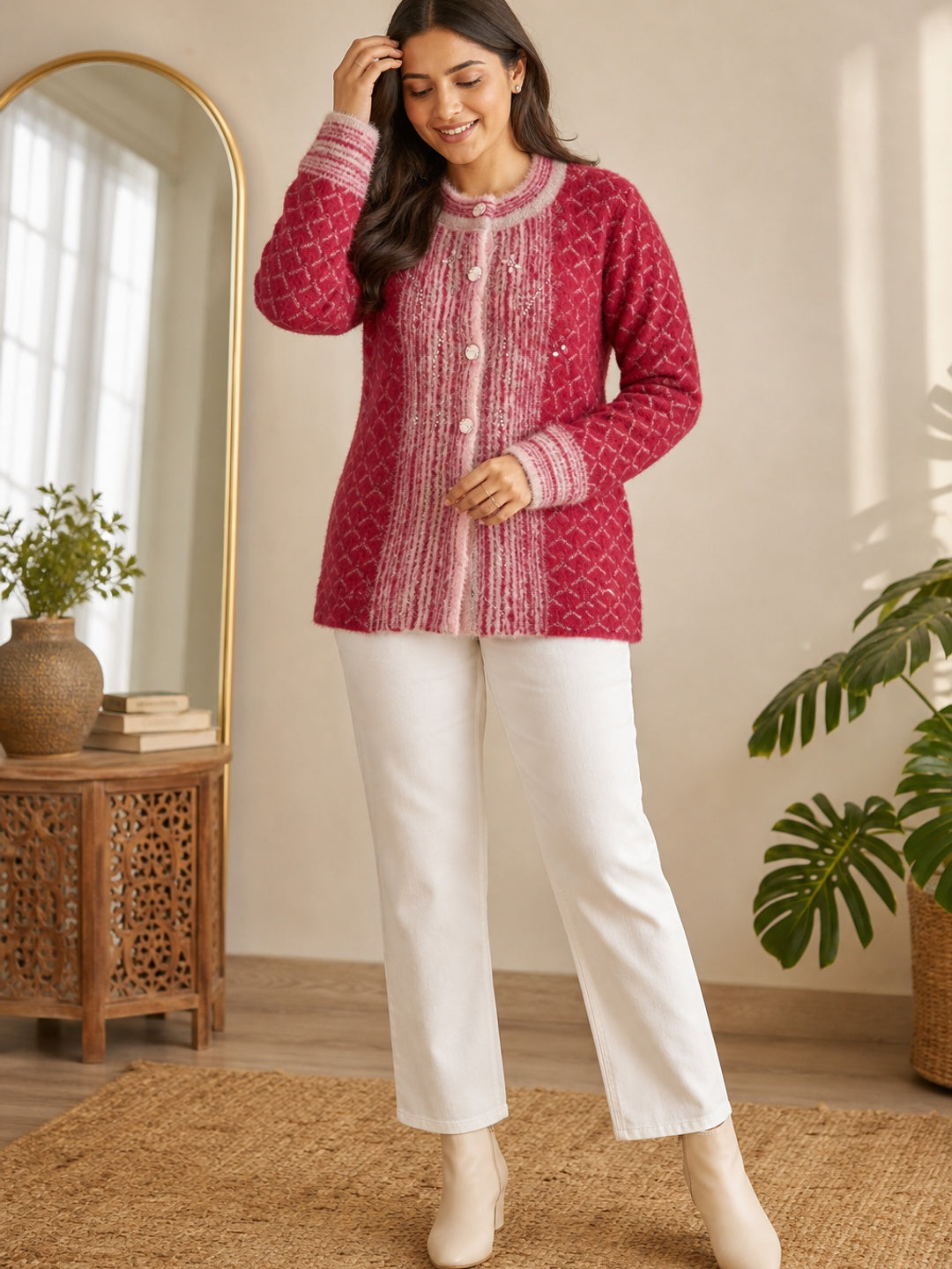 Elegant Red Woven Woolen Cardigan with Straight Cut Design for Winter Layering - Image 1