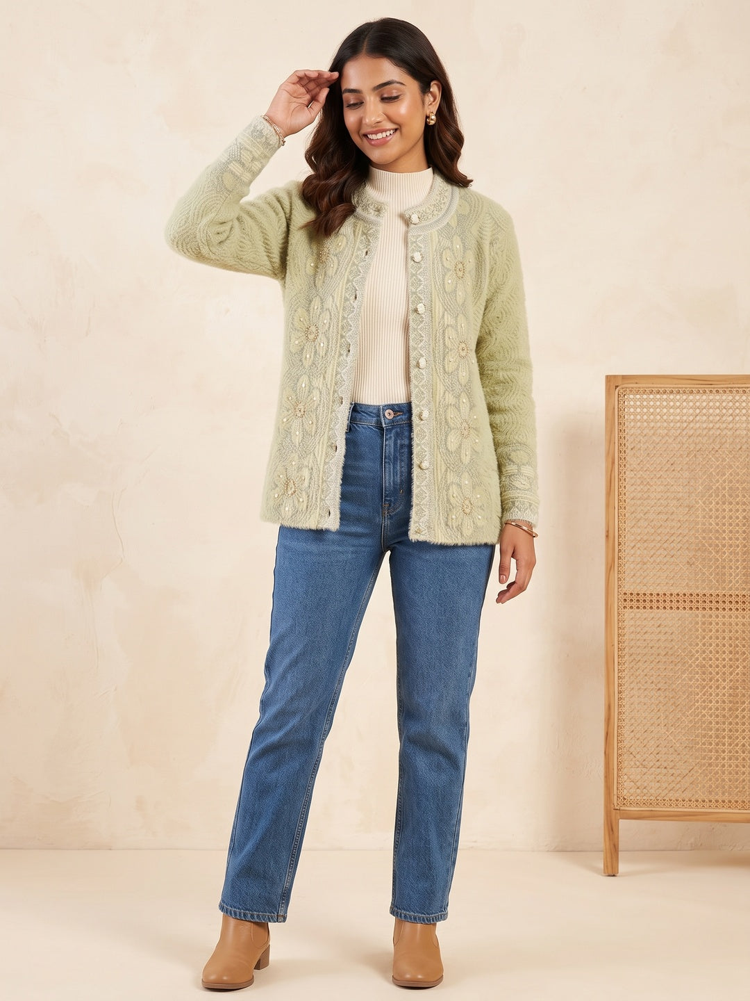 Elegant Pista Green Woven Woolen Cardigan with Straight Cut Design for Winter Layering - Image 1