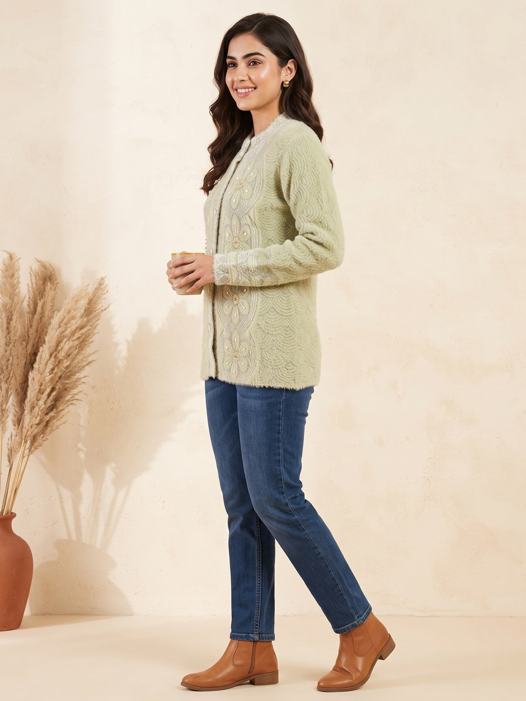Elegant Pista Green Woven Woolen Cardigan with Straight Cut Design for Winter Layering - Image 2