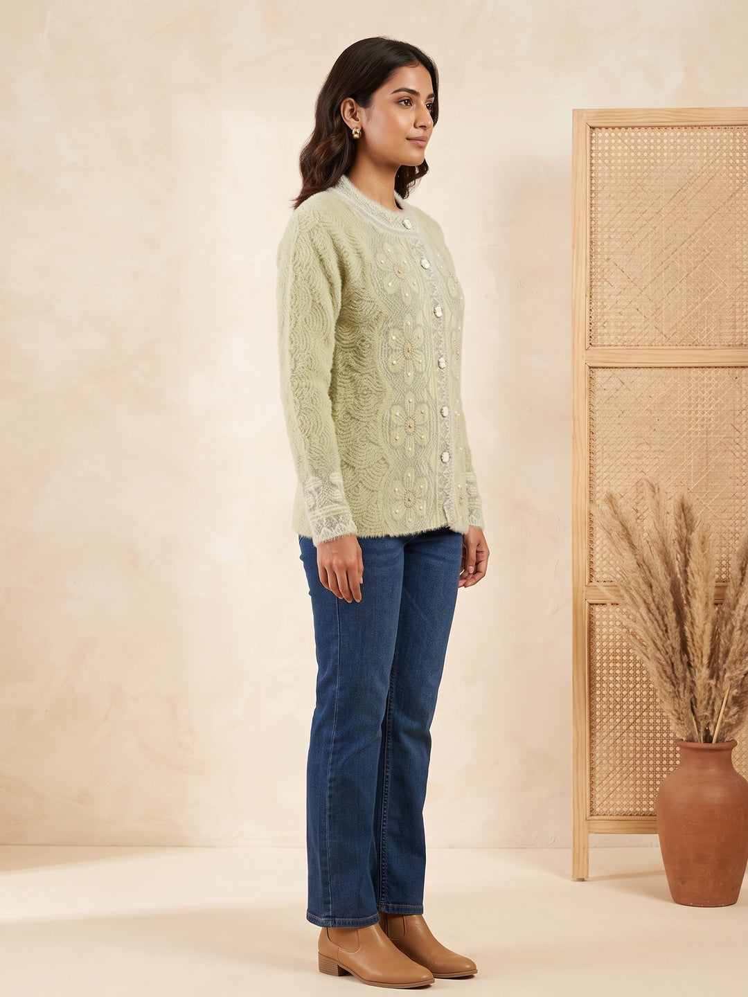 Elegant Pista Green Woven Woolen Cardigan with Straight Cut Design for Winter Layering - Image 3